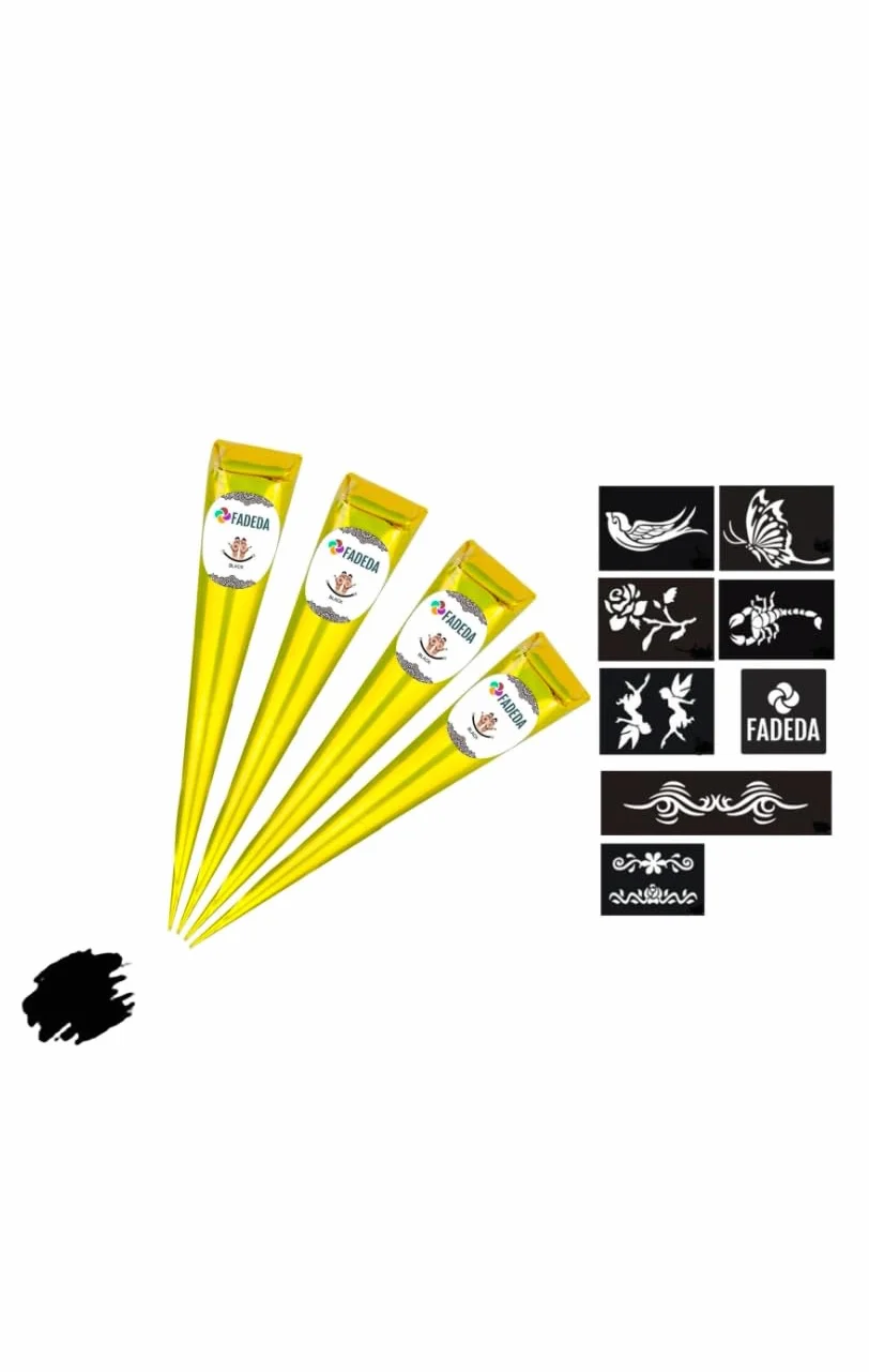 4 coni di henné FADEDA | 4 x 25 g pasta naturale | nero | 8 diversi stencil | 100% vegetale | pronto all'uso e senza PPD