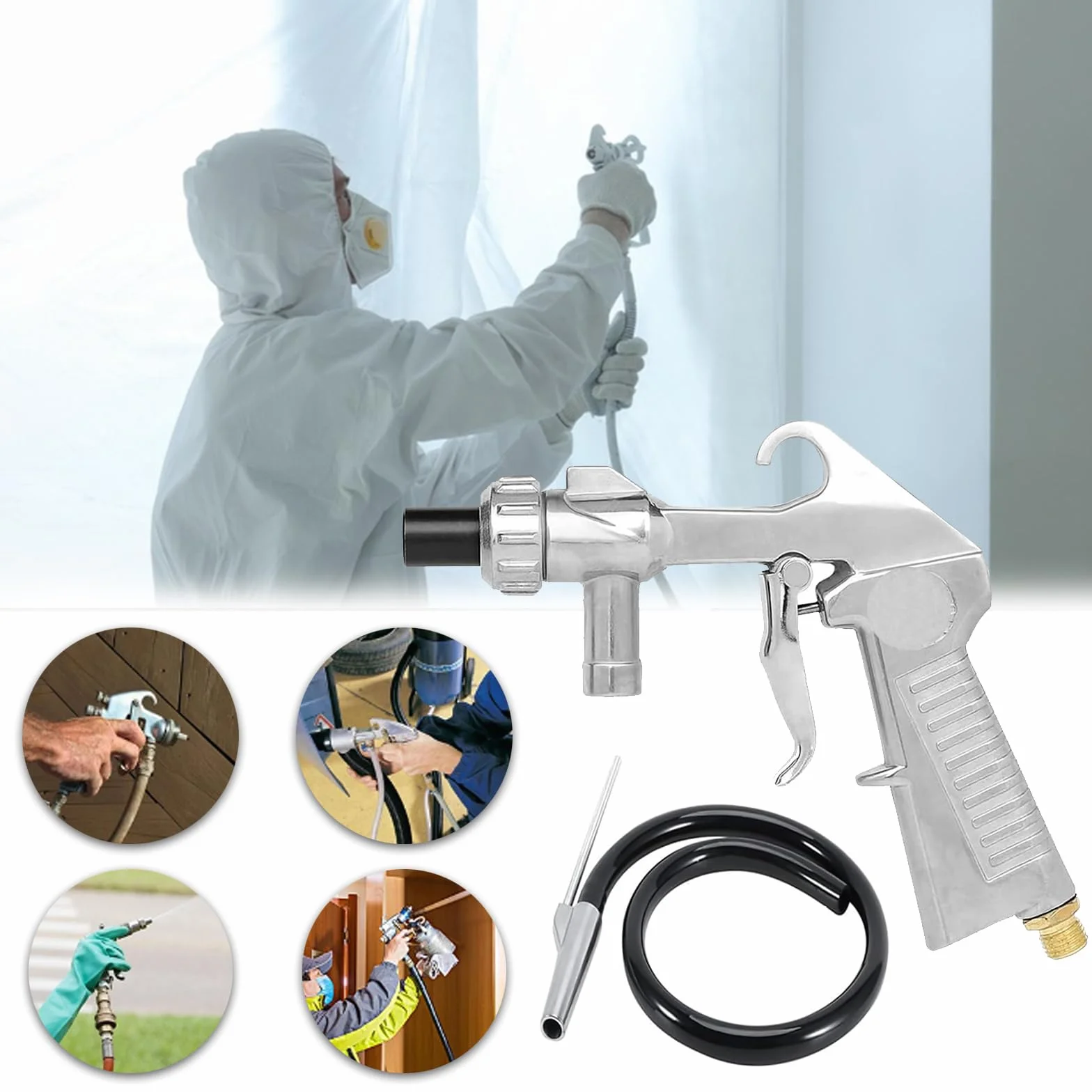 Pistola Sabbiatrice Pneumatica per Compressore con Ugelli e Tubo 1M Gomma Kit