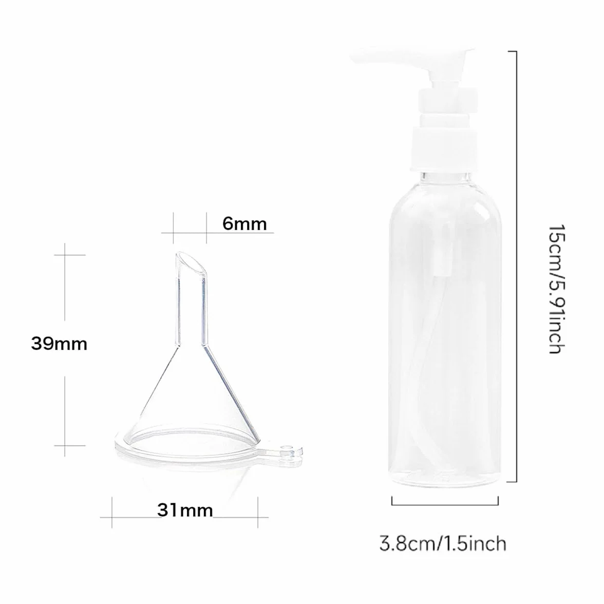 Bottiglia Pompa da Viaggio in Plastica,Dispenser per Lozione,Boccette Contenitori Ricaricabile 6PC Bottiglie da Viaggio Trasparenti 100ml con 2 Piccoli Imbuti per Cosmetici Lozione Bagno Shampoo