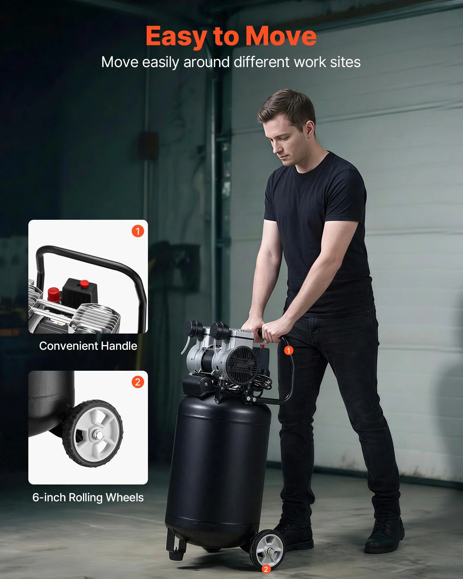 VEVOR Compressore d'Aria 50 Litri 1,5 KW 8 Bar Senza Olio Portatile su Ruote