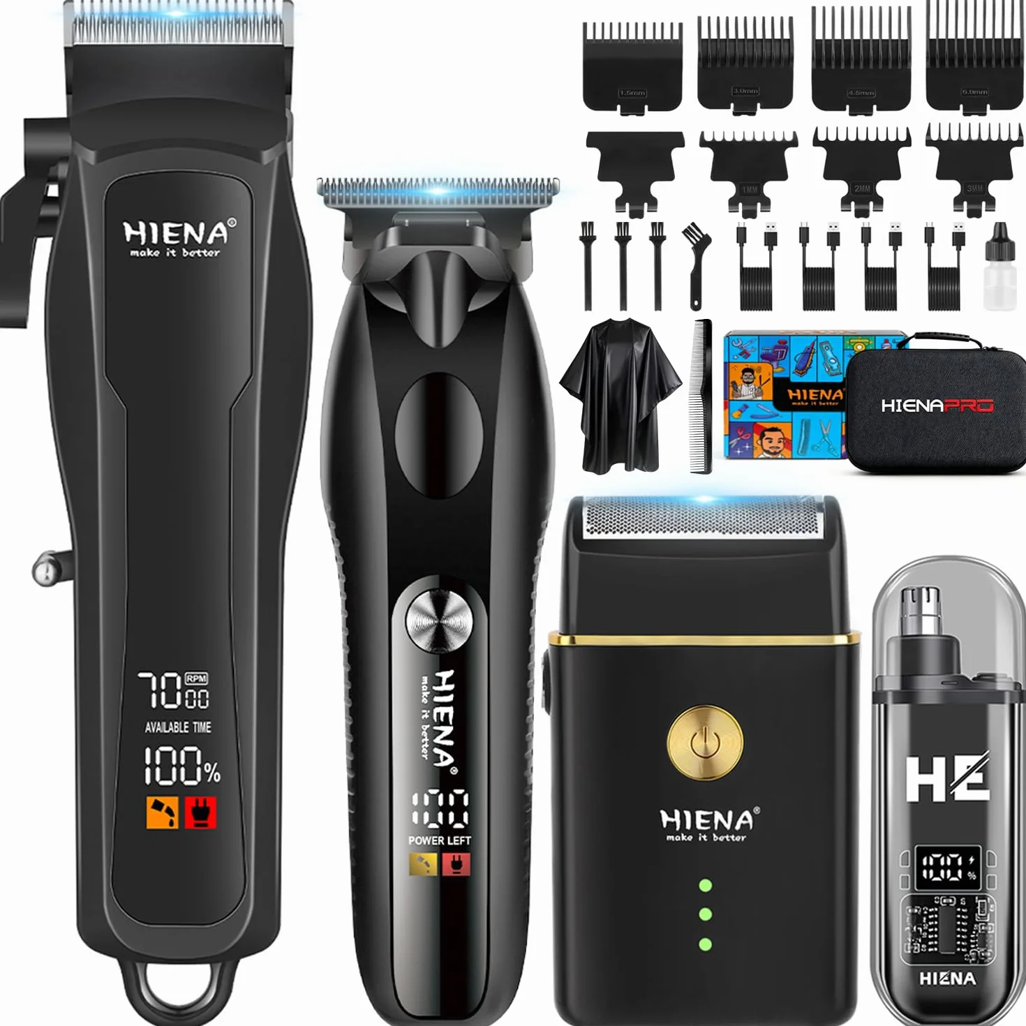 HIENA PRO Tagliacapelli Uomo Professionale, Macchinetta per Capelli Senza Fili, Regolabarba, Rasoio a Lamina, Tagliapeli Naso, Kit Completo per Rasatura e Taglio di Capelli Elettrico