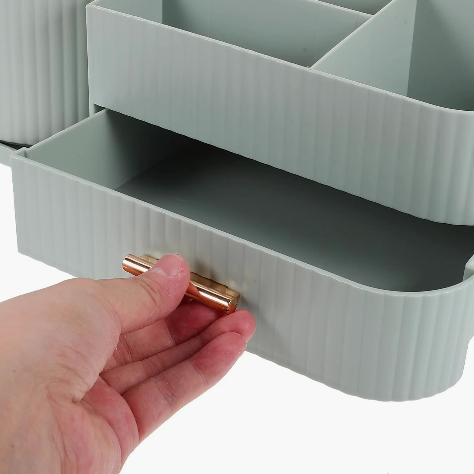 Organizzatore Make Up Rotante Cassetto, Blu, Plastico | Ampia Capacità Scomparti, Design Girevole, Ordine Pratico per Pennelli e Accessori da Tavolo