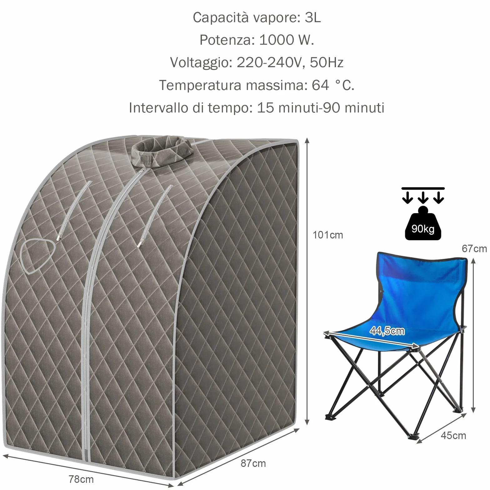 RELAX4LIFE Sauna a Vapore Portatile 3L, Cabina Domestica SPA, 9 Temperature, 15-90 Min, Telecomando, 1000W Grigio