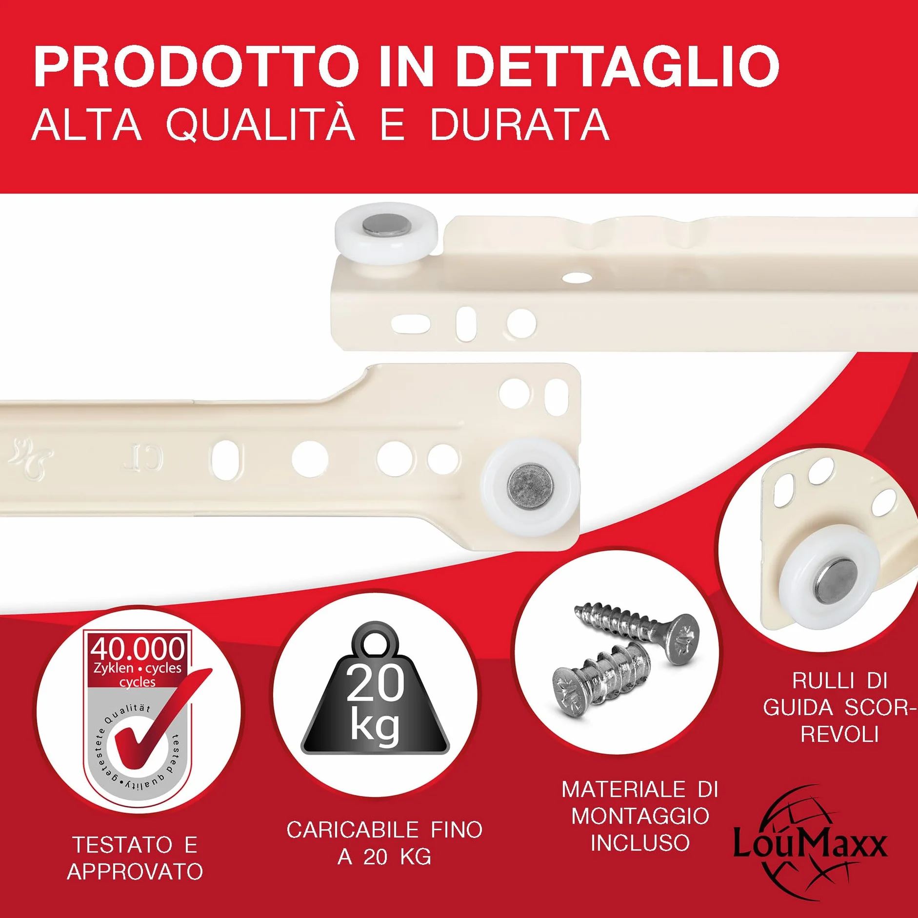 LouMaxx Guide per Cassetti 400 mm Set di 2 Bianco a Scorrimento Morbido