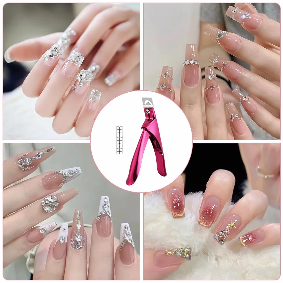 Tagliaunghie in Acrilico, Gel Artificiale Manicure Trimmer con 10 Magnete, Tagliaunghie in Acciaio Inox, Nail Clippers per Unghie Finte e Unghie in Gel(Rosa)