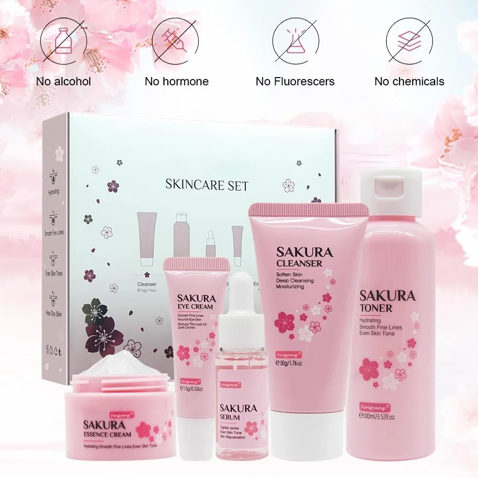 Fengyang ®Set per la Cura Della Pelle Sakura,Cura Della Pelle Viso,5pcs Set Regalo per la Cura Della Pelle,Con Detergente,Toner,Crema Occhi,Siero,Crema,Regalo per Adolescenti Ragazze Signora(5Pcs)