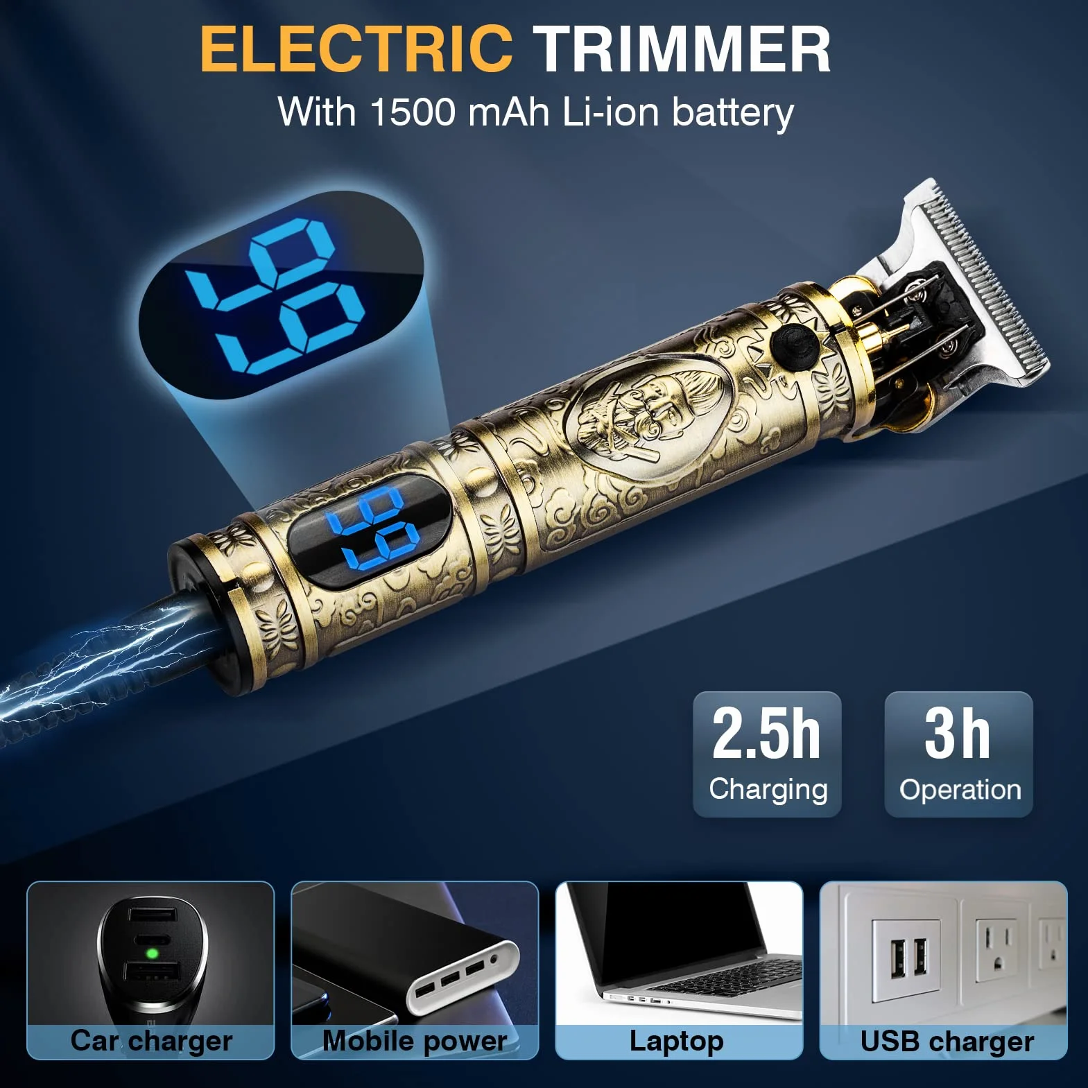 Macchinetta per Capelli Taglia Uomo Professionale Senza Fili Trimmer Capelli Barba e Capelli 0 mm Elettrico Regola Hair Clipper Ricaricabile Usb e Incisione Silenzioso Gold Trimmer Vintage T9