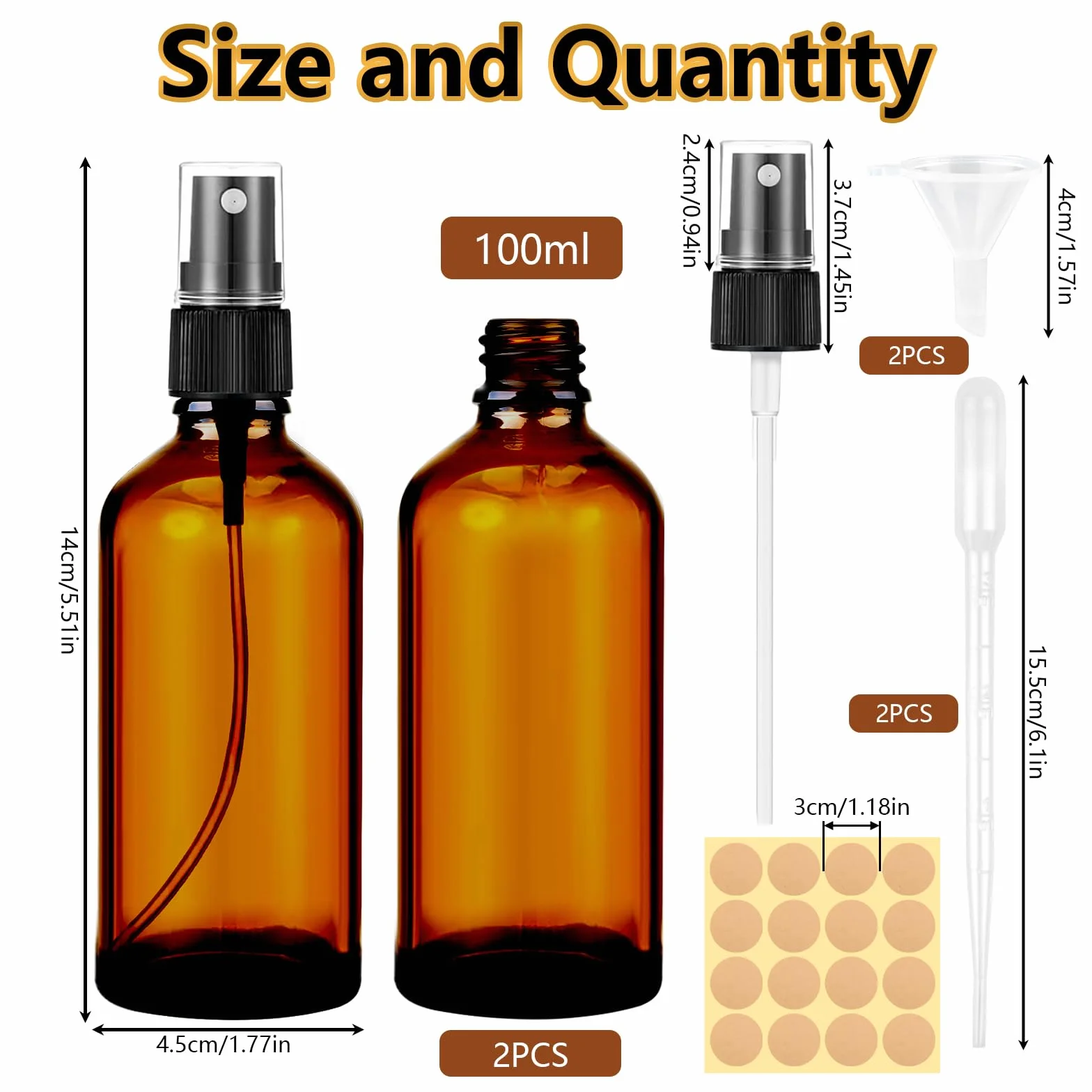 Maxmoc 100 ml, flacone spray in vetro marrone, 2 pezzi, piccolo vetro, nebulizzatore ricaricabile con imbuto, contagocce ed etichette per acqua, alcool, cosmetici, profumi, aromaterapia