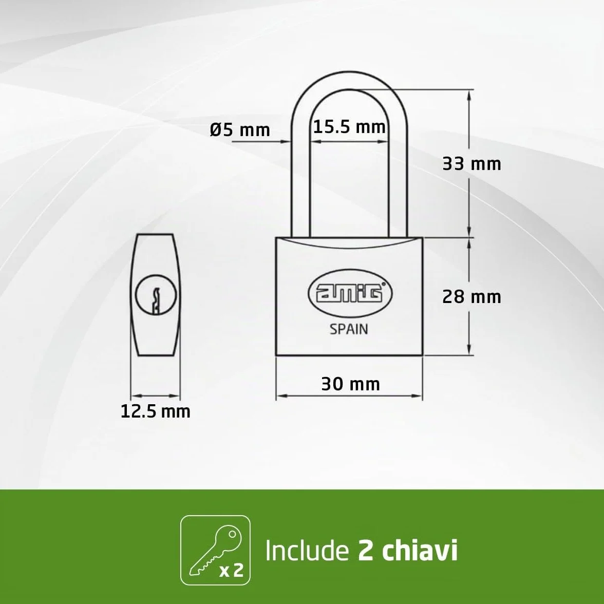 Lucchetto di Sicurezza in Ottone e Acciaio 30 mm con 2 Chiavi per Armadietti