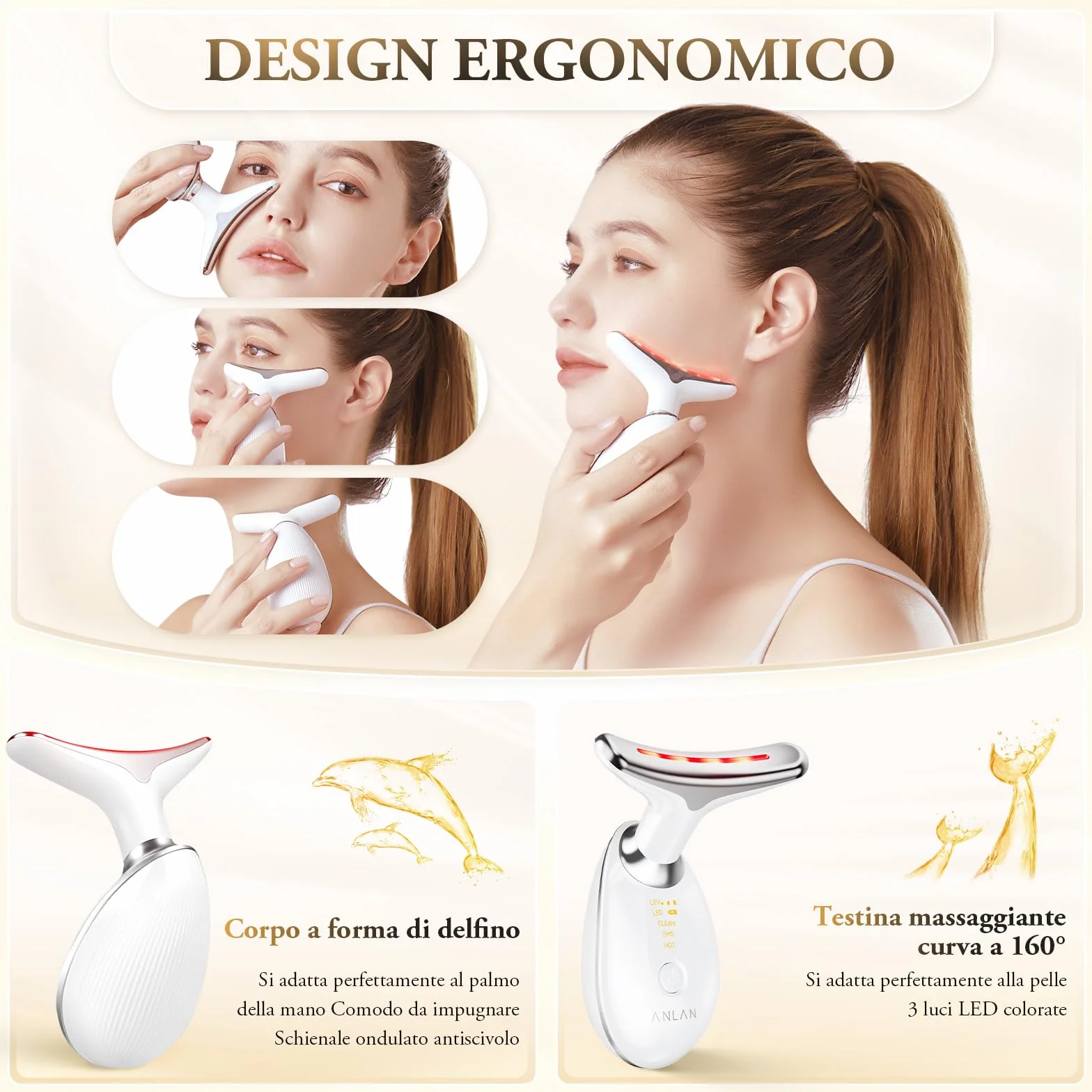 ANLAN Dispositivo di Bellezza Antirughe, Impacco Caldo a 45 ℃ Terapia Della Luce Massaggiatore Viso EMS lifting del Collo Rassodante per Tonificare il Viso,Timer di spegnimento di 5 minuti