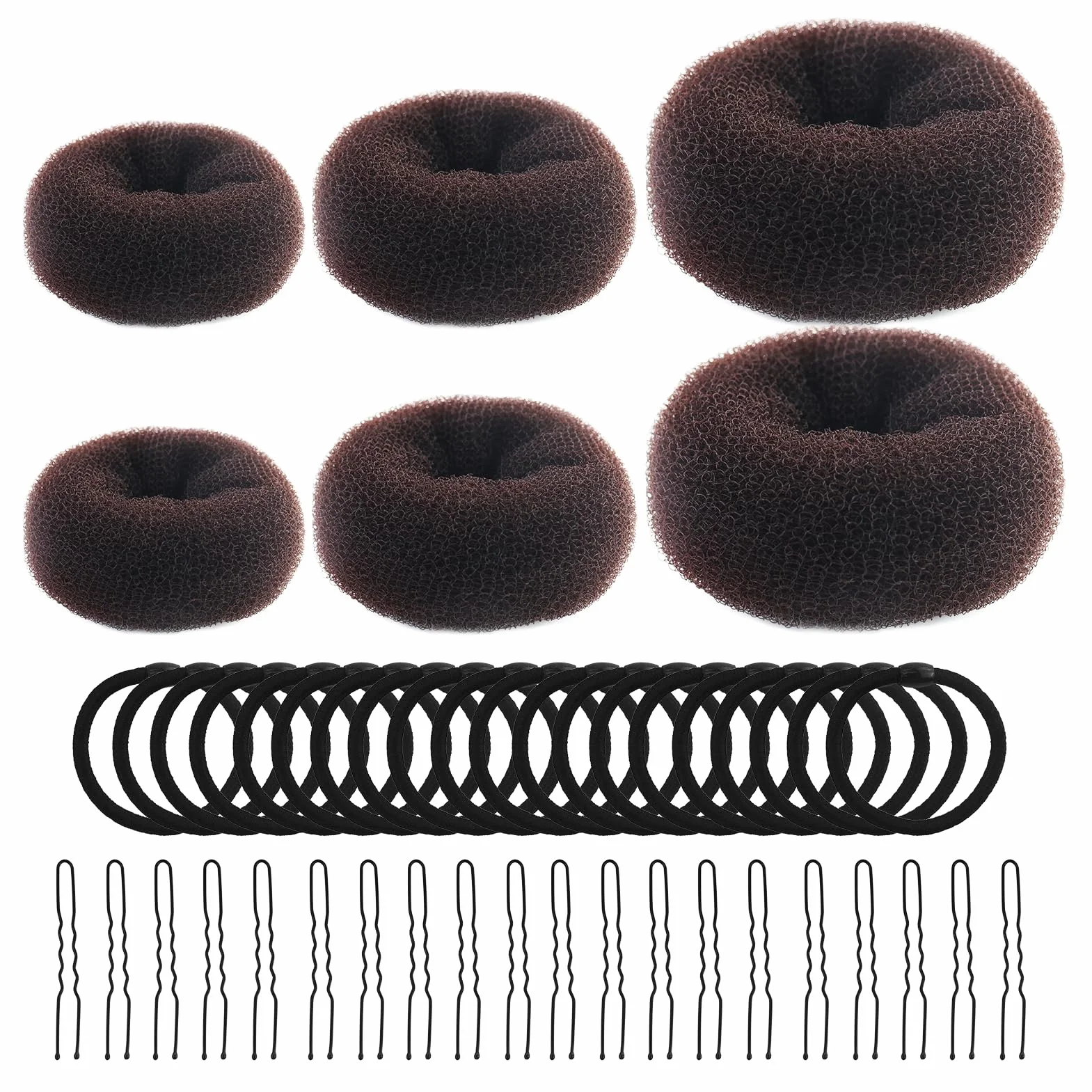 6 Pezzi Ciambella Per Chignon, ciambella chignon facile per capelli, elastico per ciambella chignon, marrone, con 20 elastici neri e 20 clip forma di U, per bambini, feste, vacanze