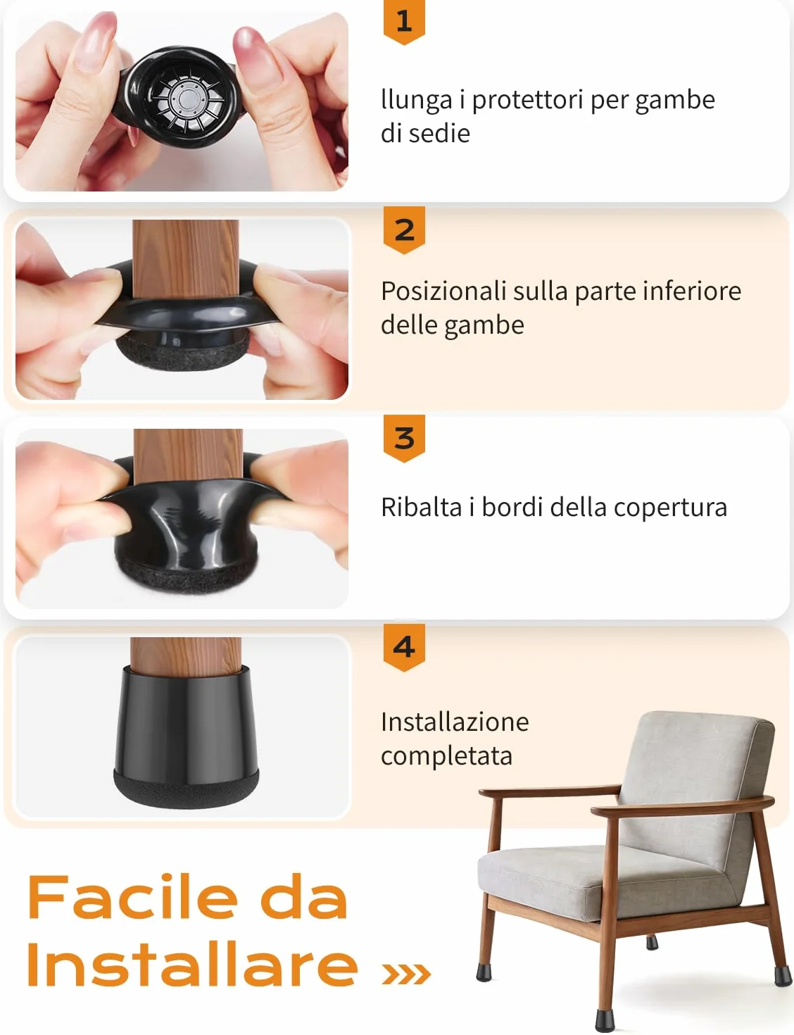 Coprigambe per Sedie Extra Piccole 24 Pezzi - Feltro 360° Nero Scuro - Proteggi Pavimento da Graffi e Rumore