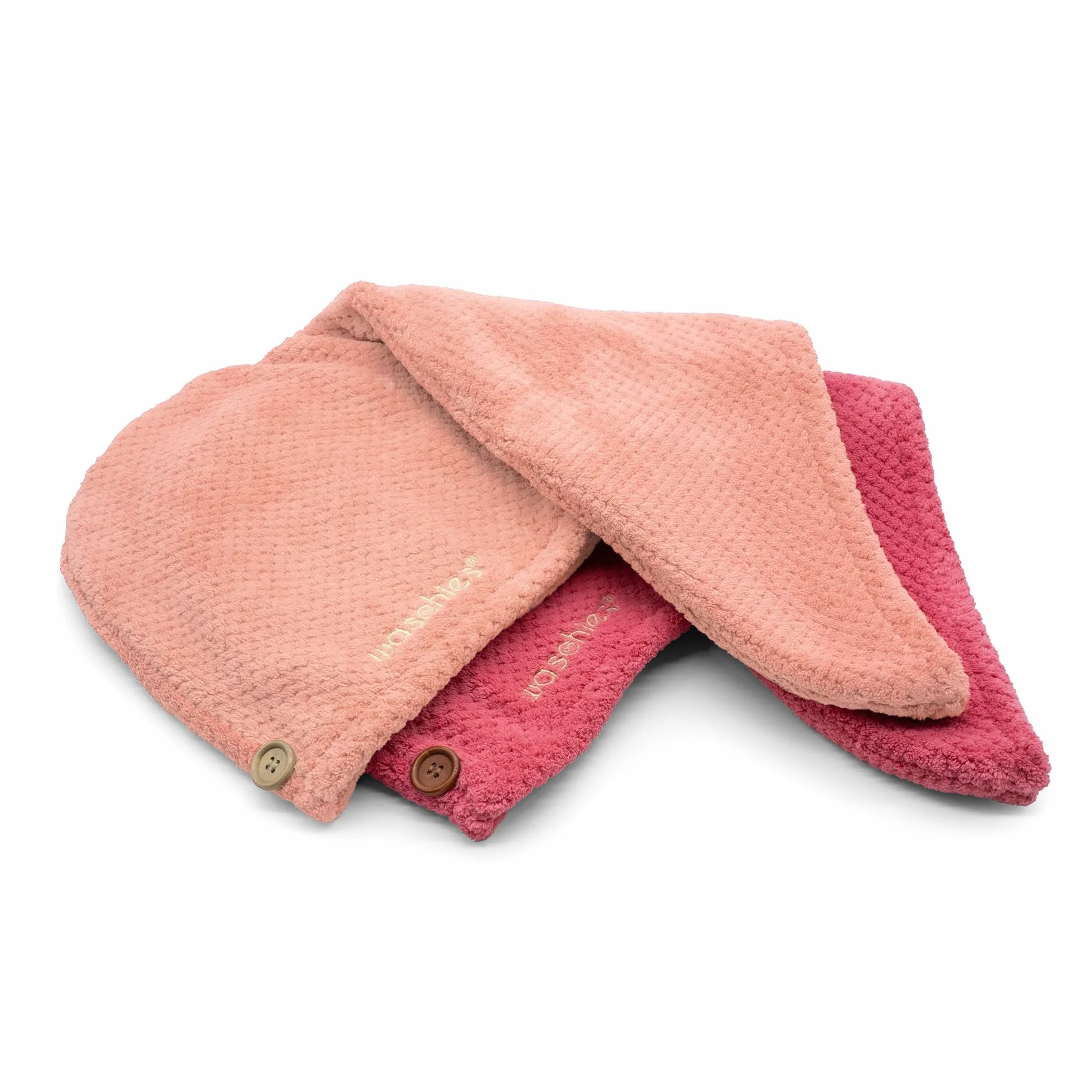waschies Set di 2 turbanti per capelli, in microfibra, per asciugacapelli rapido, super morbido, pratico pulsante di fissaggio, per capelli corti e lunghi