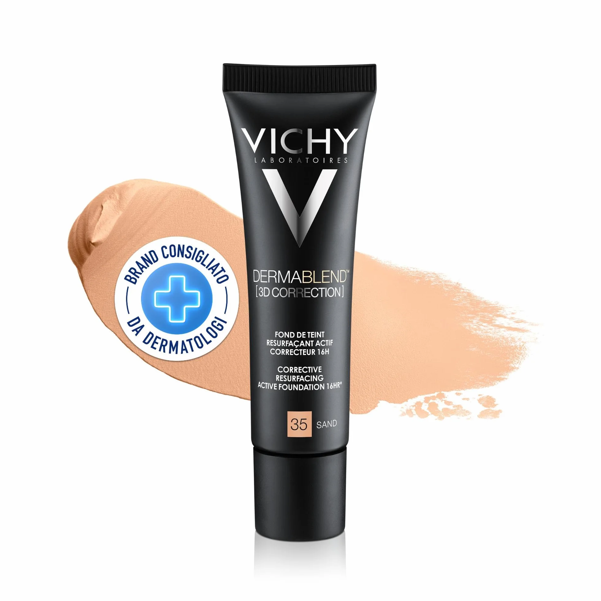 Vichy Dermablend Fondotinta Fluido 3D Correction, Ad Alta Coprenza, Imperfezioni Nascoste e Incarnato Uniforme, Per Pelli Grasse e Impure, Con Acido Salicilico, Tonalità: 35, 30 ml