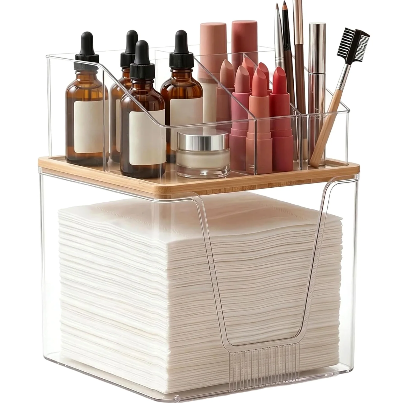 Porta Salviette Pulito Custodia multifunzionale in acrilico trasparente a 2 | Organizer da Piano per Vanità per Bagno, Cucina, Scrivania, Dispensa, Pennelli Trucco