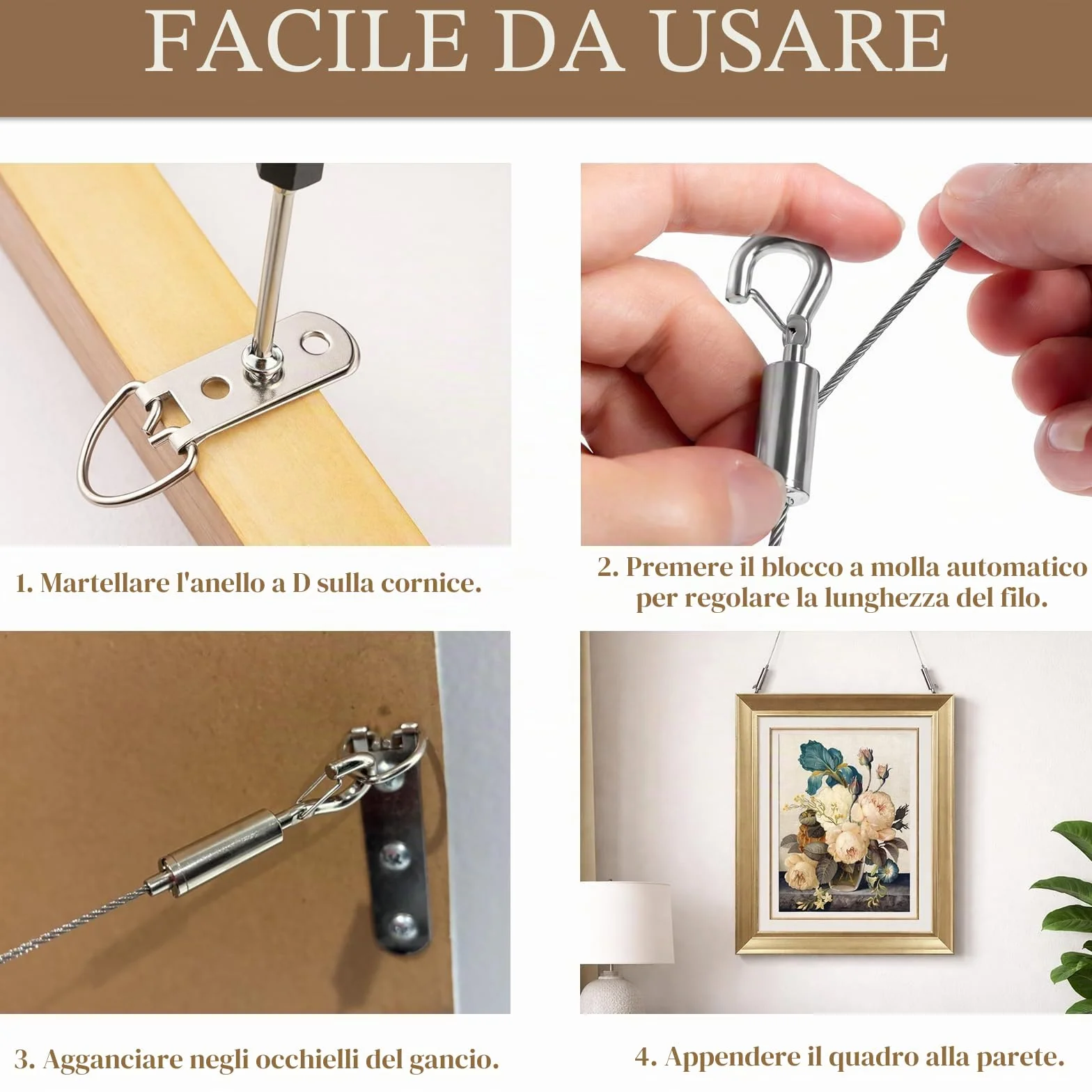 Kit Filo per Appendere Quadri, 2 Pezzi Cavo Regolabile 2m x 1mm, Ganci, Anelli a D, Viti, Corda Acciaio Inossidabile