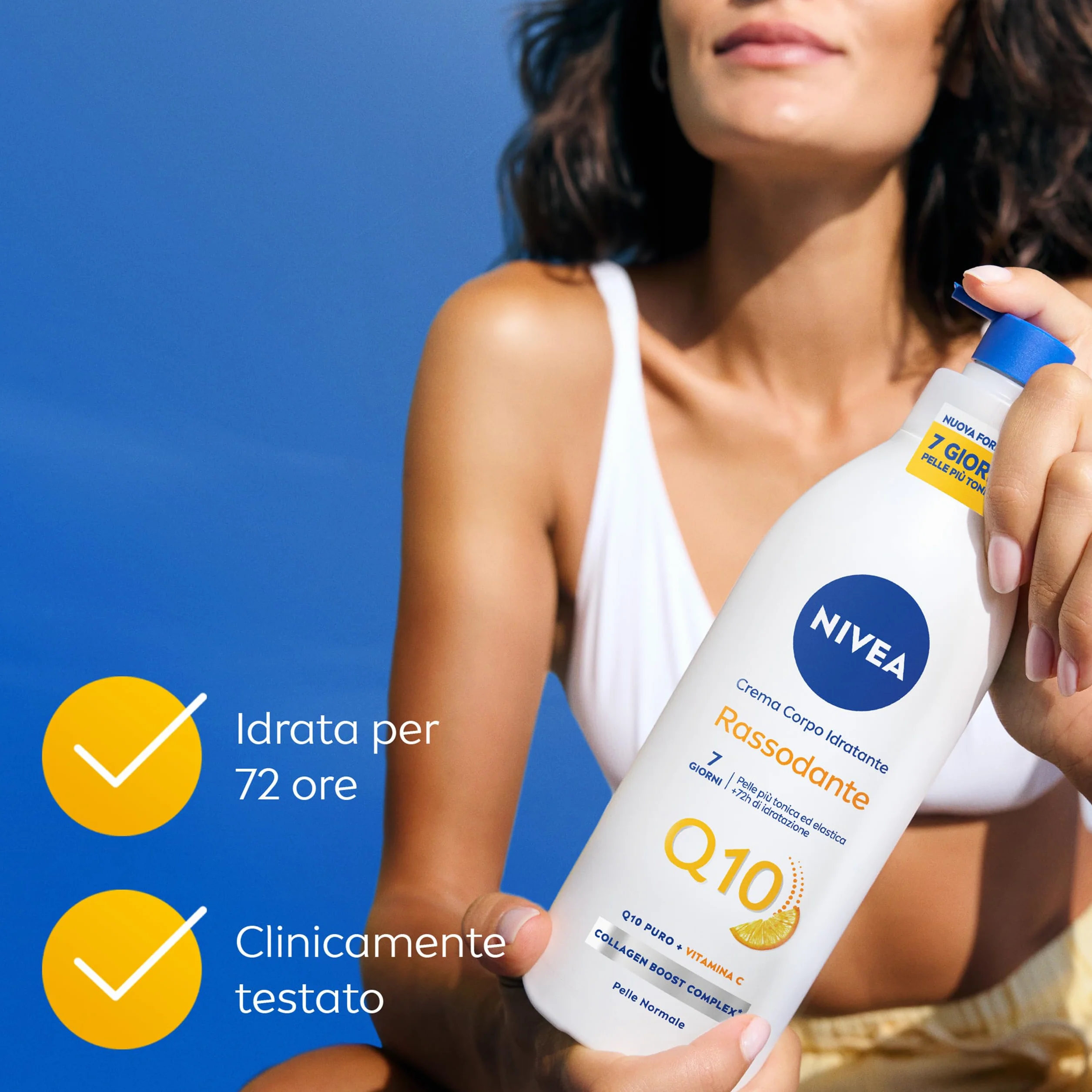NIVEA Q10 Crema Corpo Idratante Rassodante 400 ml, Crema rassodante corpo con Coenzima Q10 Puro e Vitamina C, Crema idratante corpo 72h per pelli normali per una pelle più tonica ed elastica