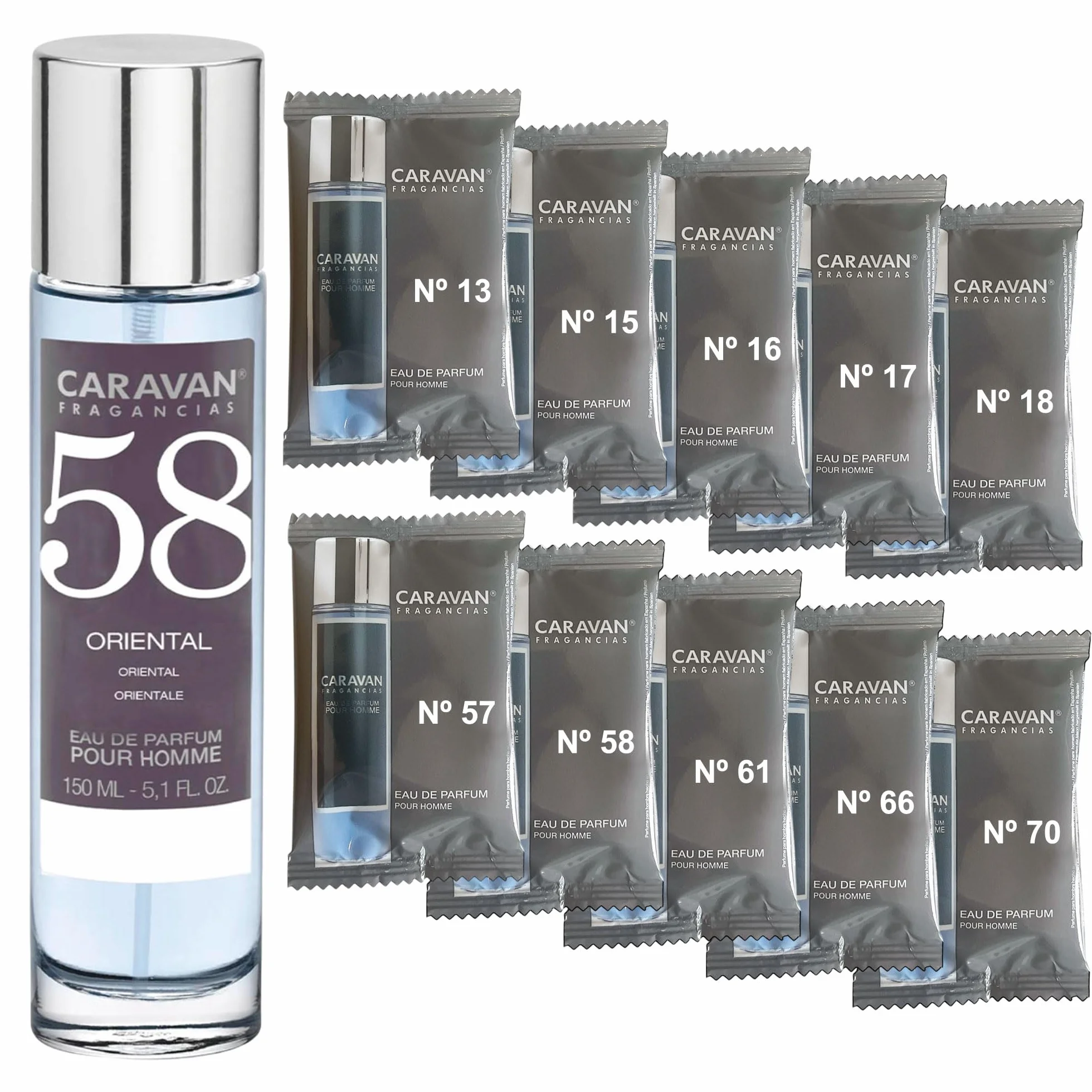 CARAVAN FRAGANCIAS Profumo da uomo n. 58 da 150 ml + set di 10 flaconcini di profumi maschili diversi da Caravan per svelare nuovi aromi
