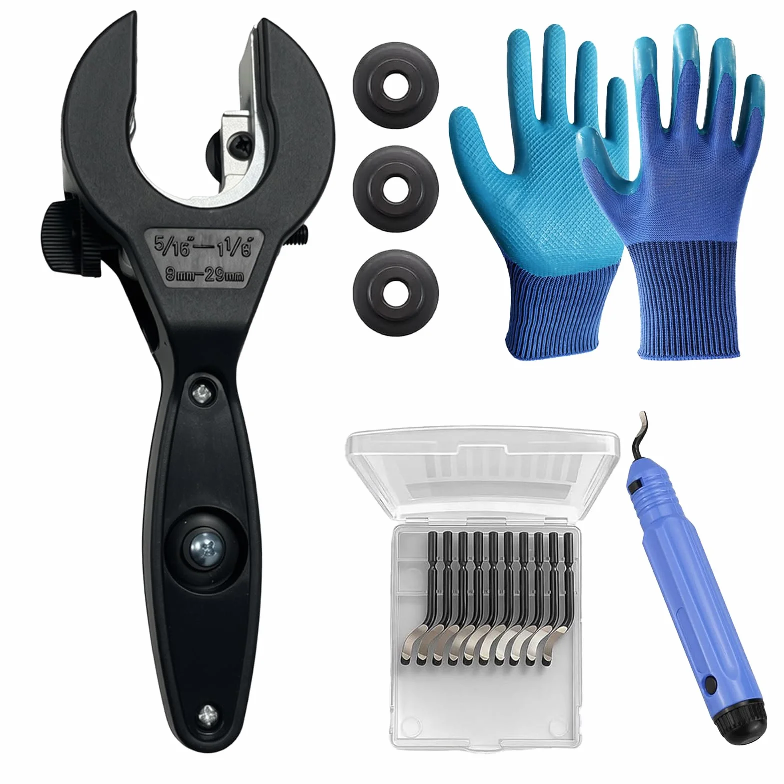 Set tagliatubi a cricchetto 8-29 mm per acciaio inossidabile plastica alluminio con guanti e 3 rotelle di ricambio