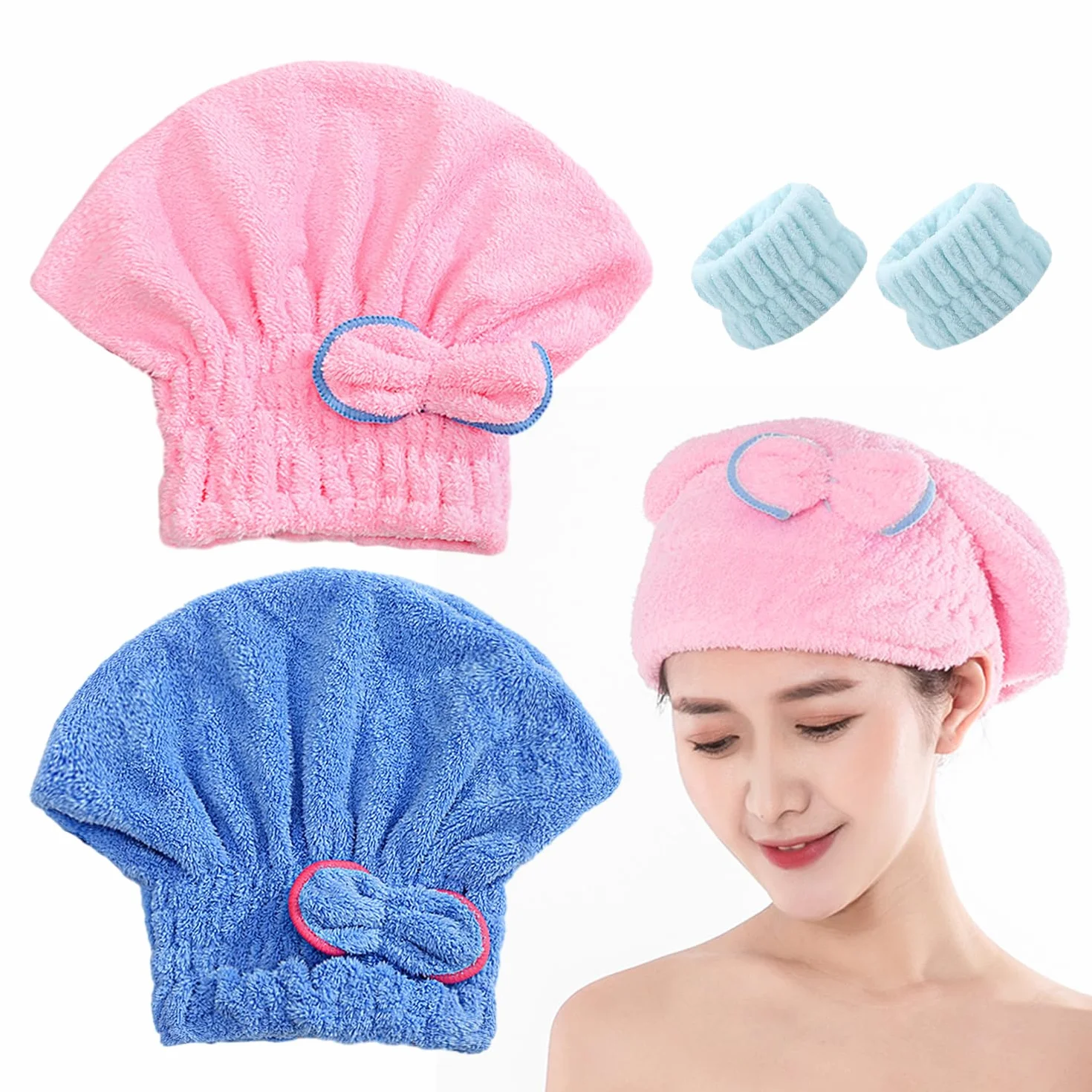 MEMOFYND 2 Asciugamani Per Capelli,2 Polsini Per Il Lavaggio Del Viso,Asciugamano Per Capelli In Microfibra,Cuffia Per Capelli Asciutti,Asciugamano Per Capelli Ad Asciugatura Rapida (Blu, Rosa)