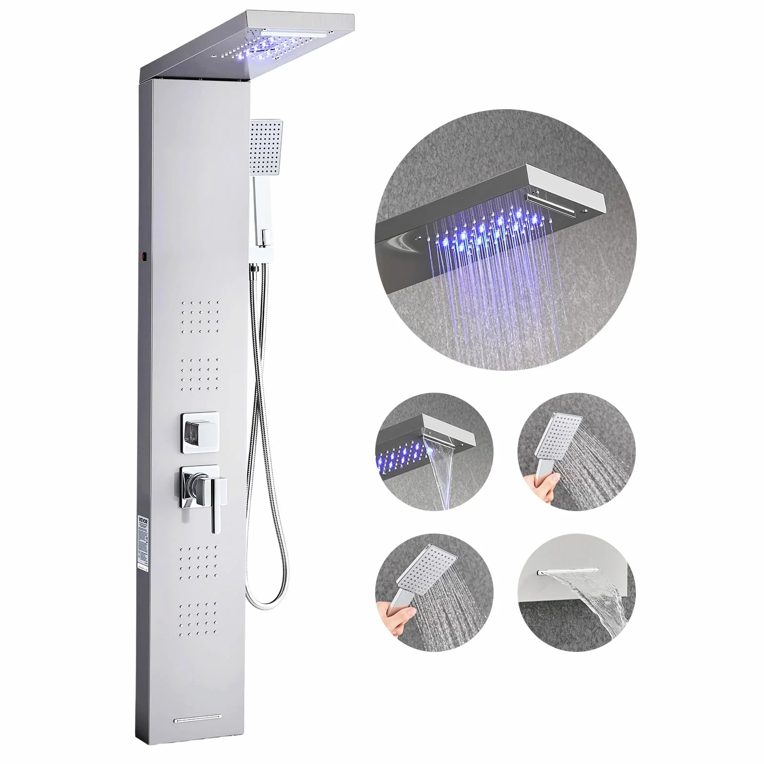 VEVOR Pannello Doccia a Torre con Soffione a Cascata LED, Colonna Doccia in Acciaio Inox Spazzolato 1345 mm, Rubinetto 5 Funzioni con Doccetta e Beccuccio per Vasca