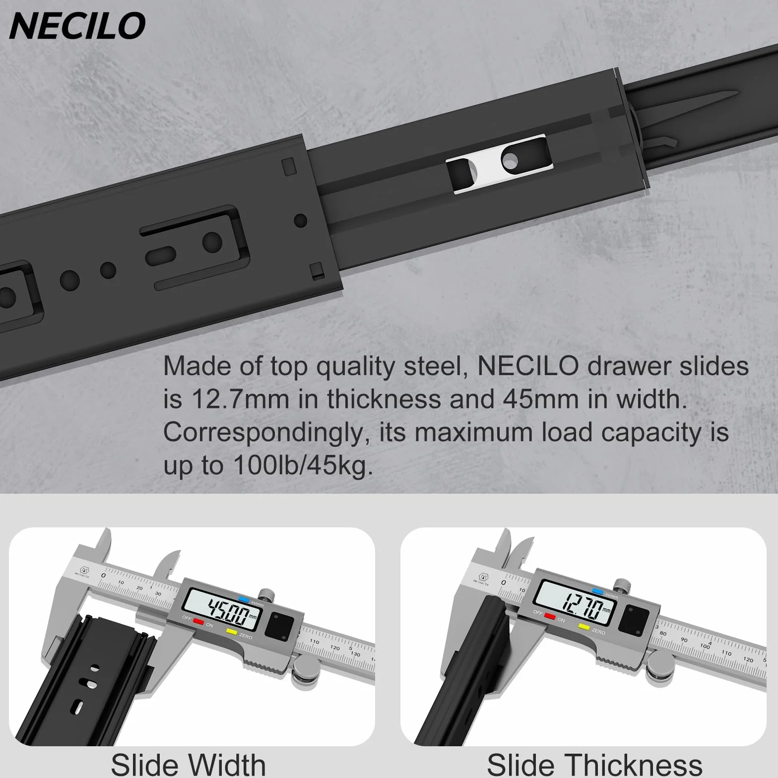 NECILO guide push-to-open cassetti 300mm 45kg estrazione totale cuscinetti a sfera nero 1 coppia 2 pezzi