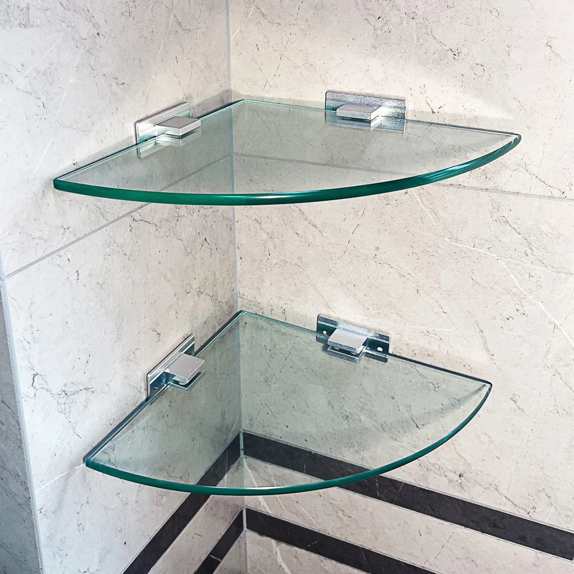 Mensola in vetro temperato da bagno triangolare 8 mm extra spesso 2 pezzi con staffa in alluminio
