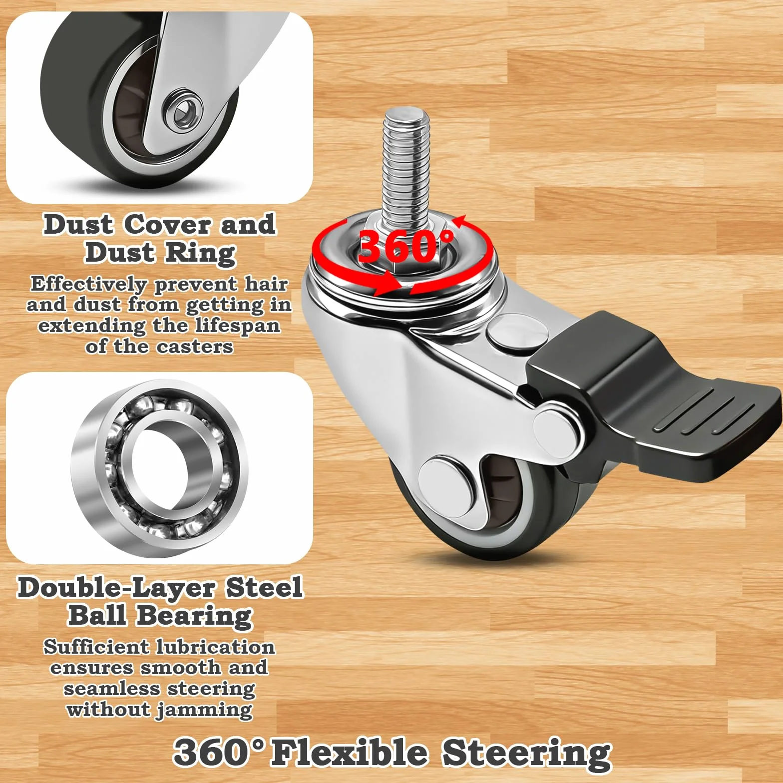 Ruote per Carrello 25 mm Set di 4, Ruote Pivottanti M6x15mm Girevoli 360° con Freno