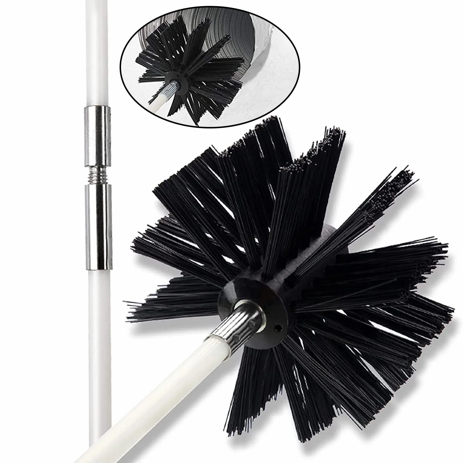 Spazzola Pulizia Camino 150mm con 12 Aste Flessibili 410mm e 2 Testine Kit per Canna Fumaria