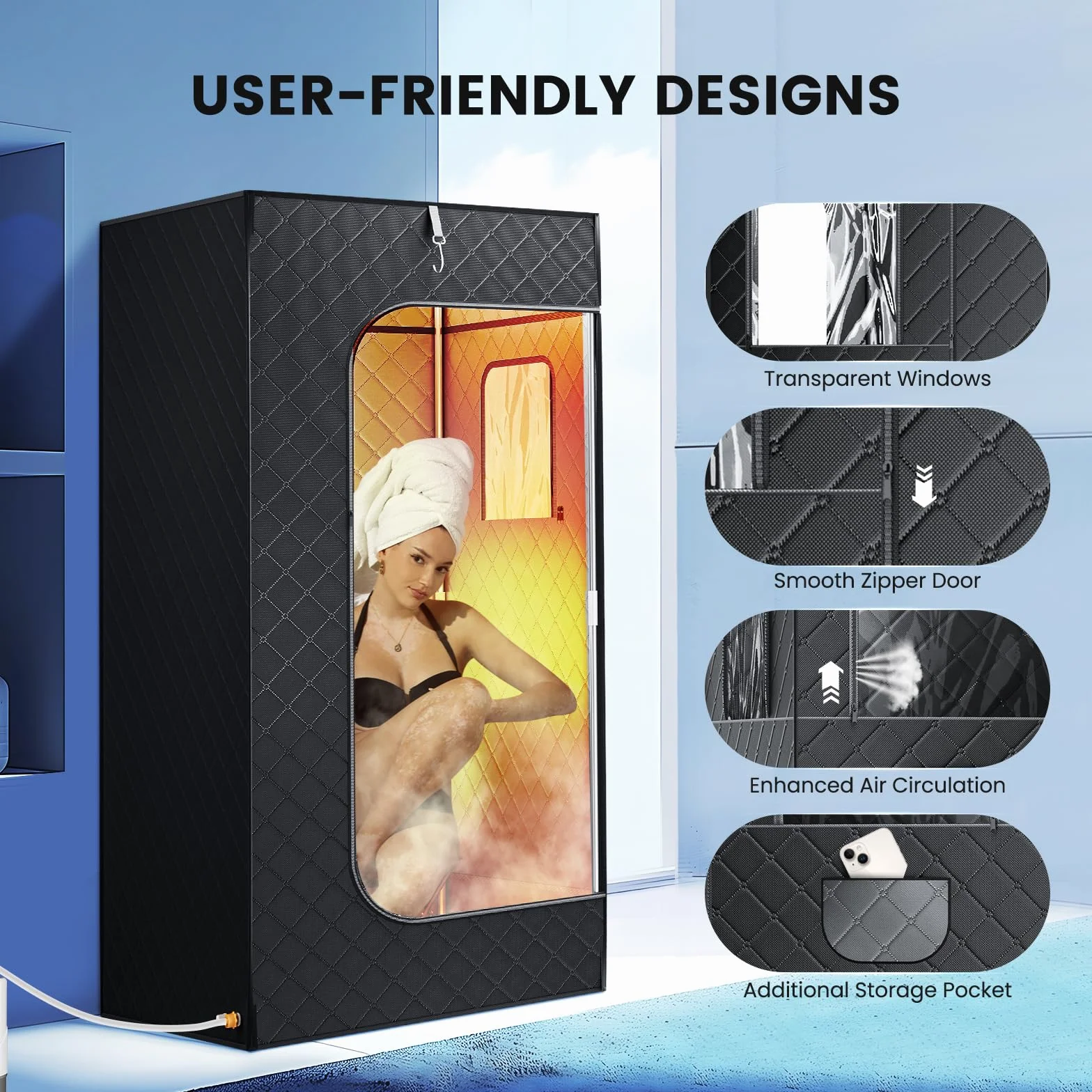 Sauna Portatile 180×80×80 cm 2.6L Vapore 9 Livelli Calore Riscaldamento Rapido 3 Minuti Sedia Pieghevole Telecomando