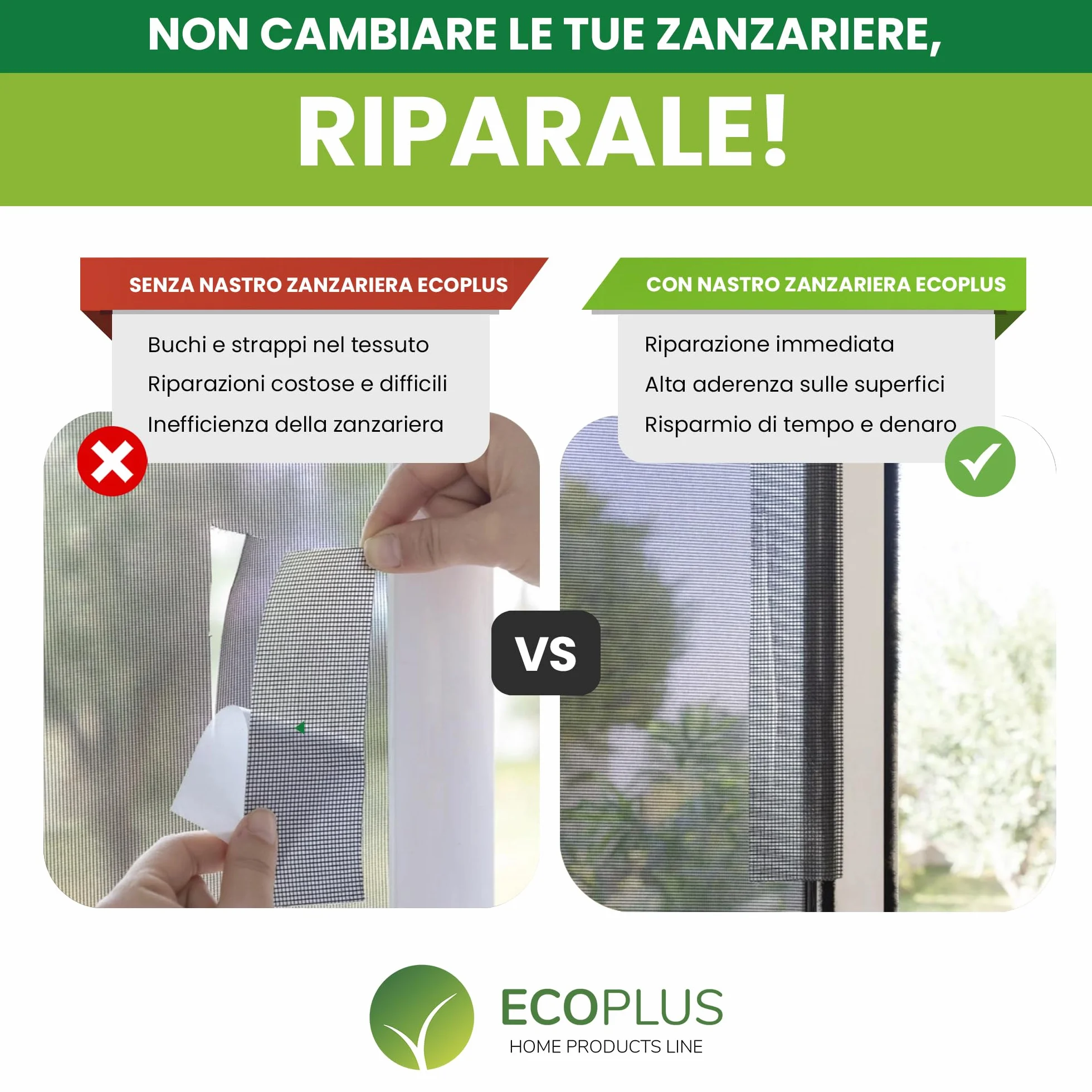 ECOPLUS Nastro Ripara Zanzariere in Fibra di Vetro – Riparazione Rete Finestra e Porta – Grigio 5 Metri