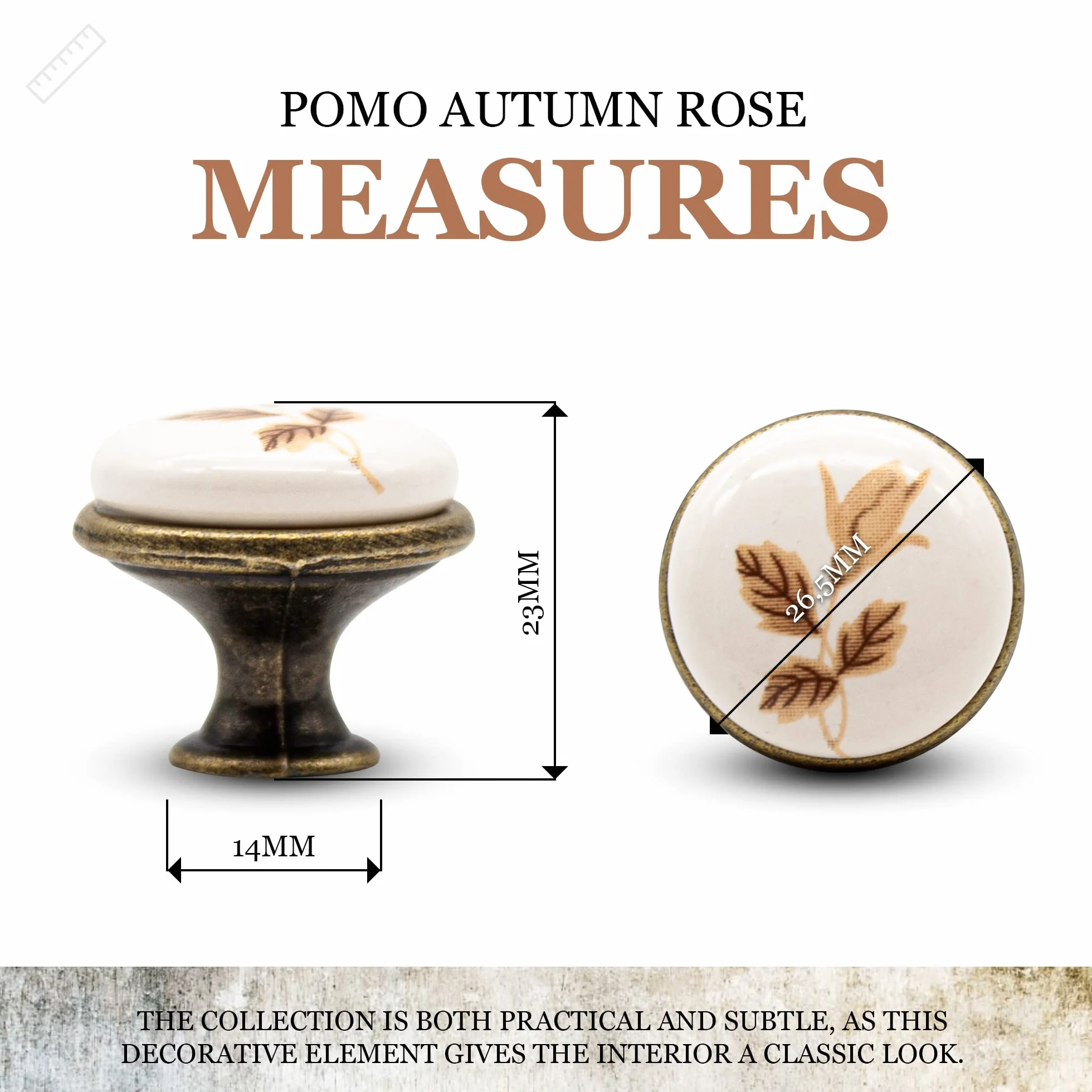 Pomelli Vintage Rosa Autunnale Ø26,5x23mm Porcellana Antica Ottone Anticato 12 sztuk