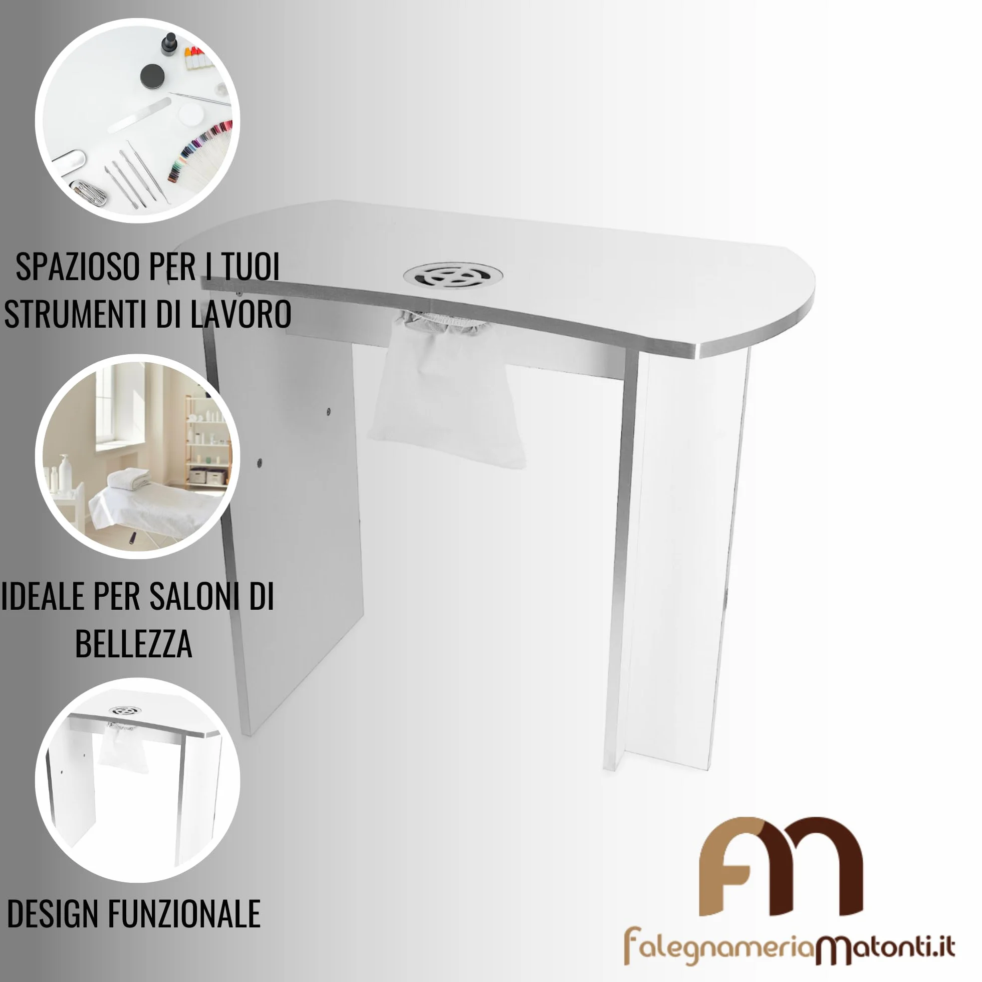 Matonti - Tavolo Manicure Professionale per Unghie con Aspiratore Elettrico e intarsi in acciaio - Ideale per Nail Art Ricostruzione Unghie, + Aspiratore per Polveri - Made in Italy, in Legno Bianco