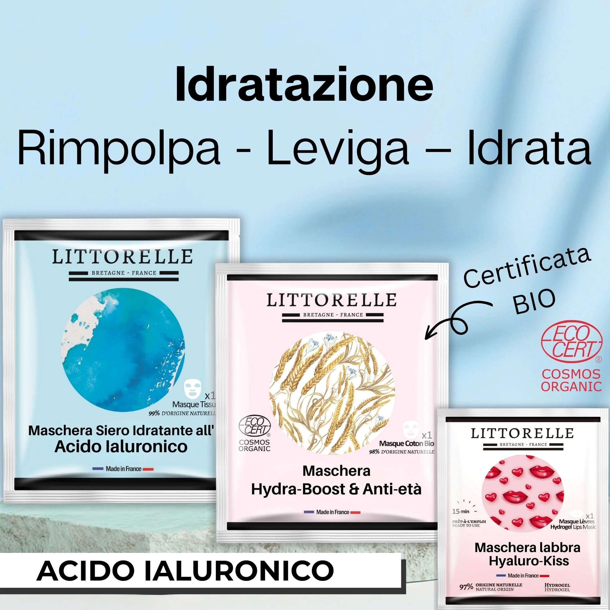 Cofanetto Bellezza 10 Maschere Viso in Tessuto & Patch Occhi Idrogel - Made in France - Idratante, Anti-Età, Detox al Collagene, Acido Ialuronico, Aloe Vera - 96% Origine Naturale - 2 Certificate Bio