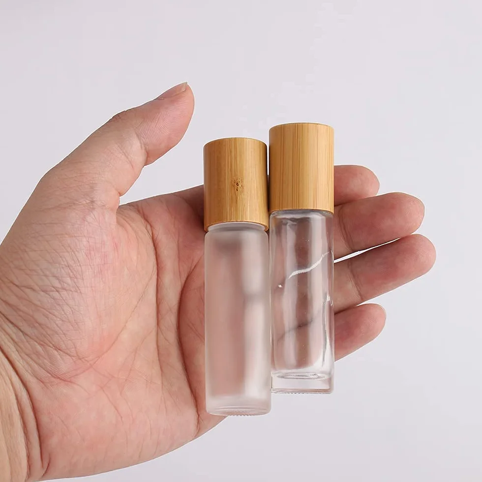 COSIDEA 18 bottiglie a rullo in bambù da 10 ml con tappo in bambù per oli essenziali, vuote, in vetro, per profumo, trasparenti