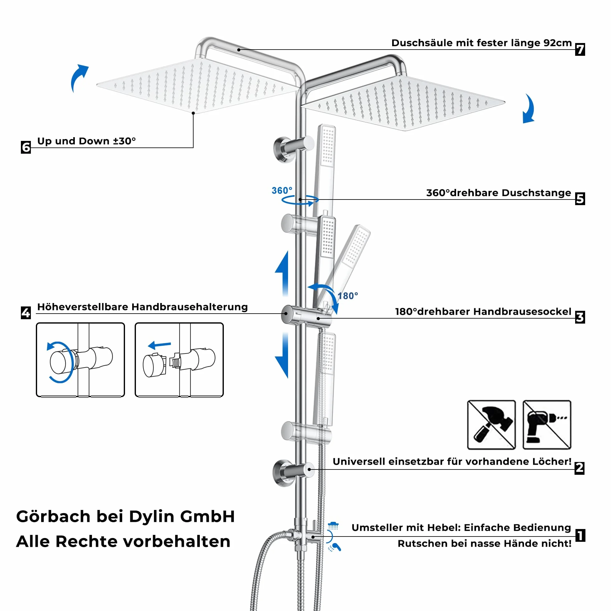 Görbach Set Doccia a Pioggia Acciaio Inox 20x20 Quadrato Soffione Doccia Doccetta a Mano