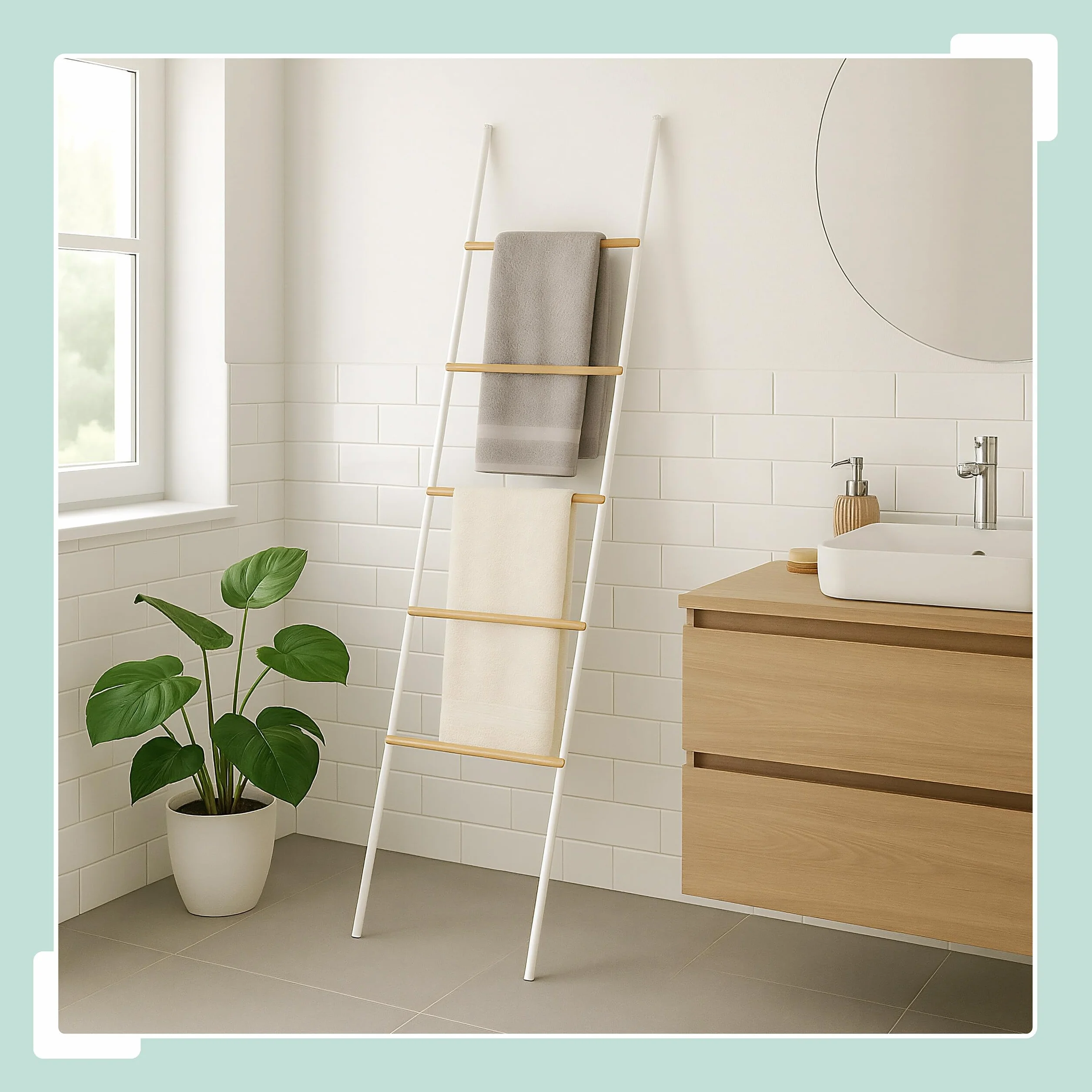 Relaxdays Scala Porta Asciugamani Bagno e Camera, 5 Pioli, bambù e Ferro, 164x45x2 cm, Bianco