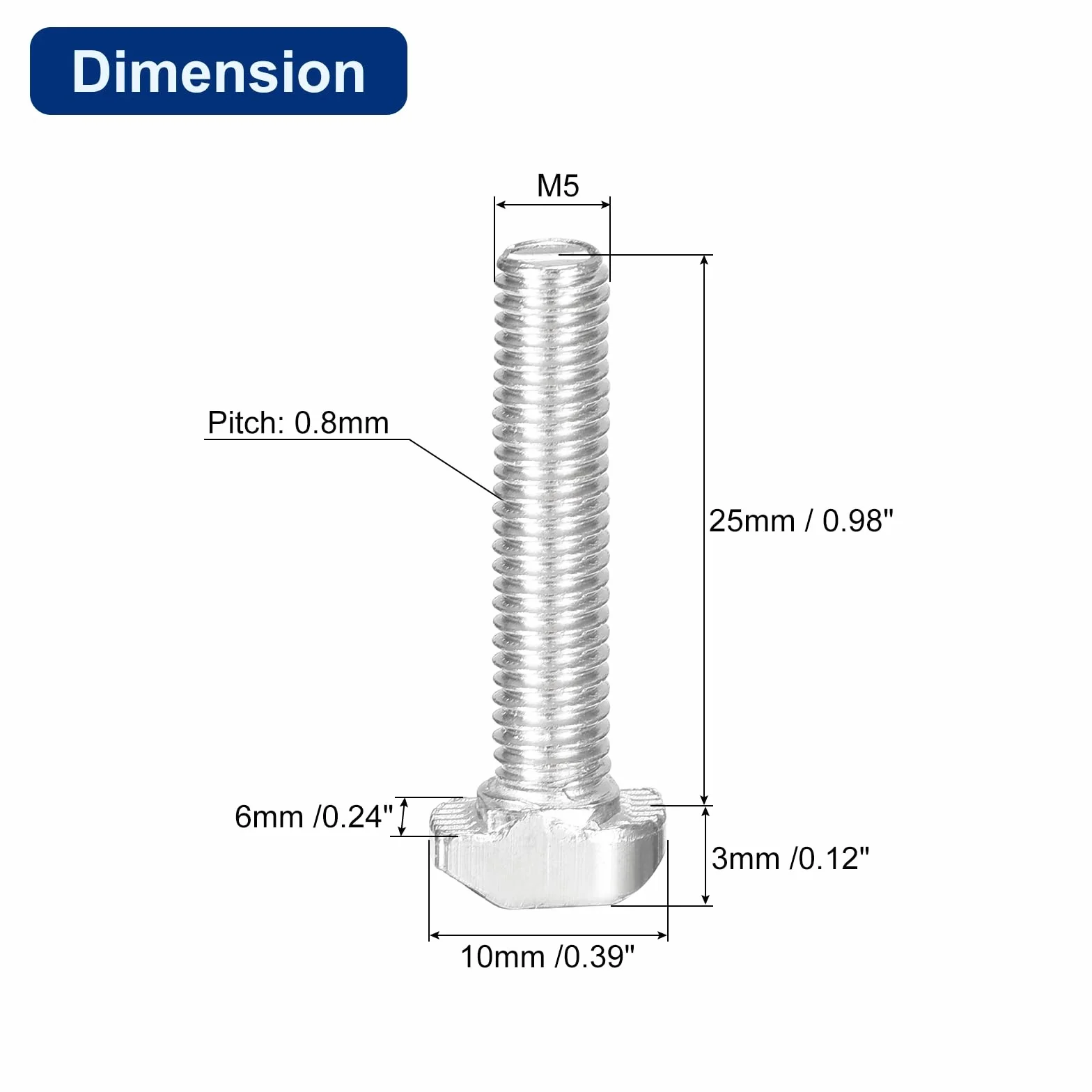 20pz Bulloni a T-Slot M5 x 25mm Bullone Testa a Martello Vite a T Perno per Profilo Alluminio Serie 2020 Acciaio Carbonio Nichelato Argento