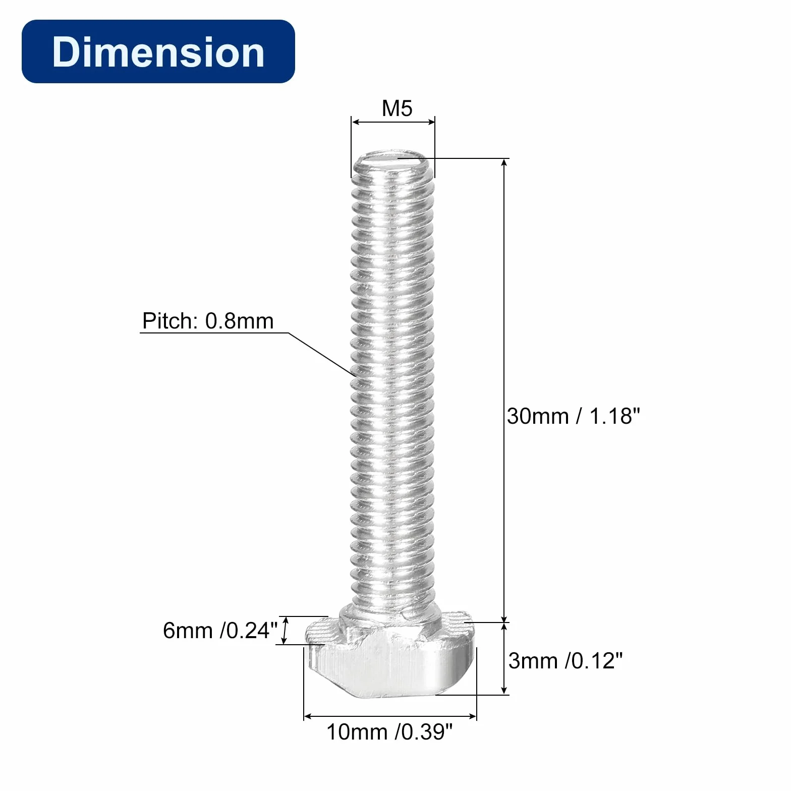 Bulloni a T-Slot M5 x 30mm per Profilo Alluminio Serie 2020, Acciaio Carbonio Nichelato Argento