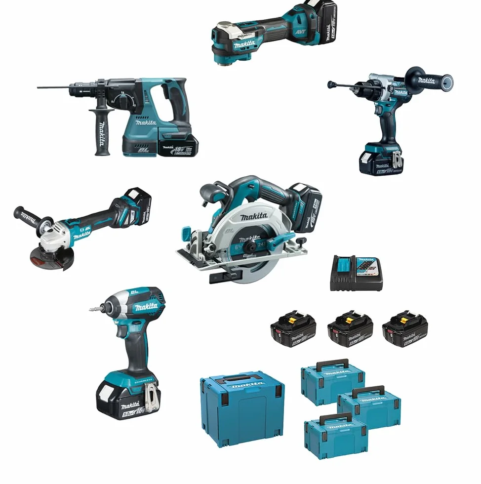 Makita DLX6126JX1 Combo Kit Trapano Avvitatore Tassellatore Avvitatore Impulsi Sega circ. Ø165 Smerigl. ang. Ø125 3x3Ah 4xMAKPAC