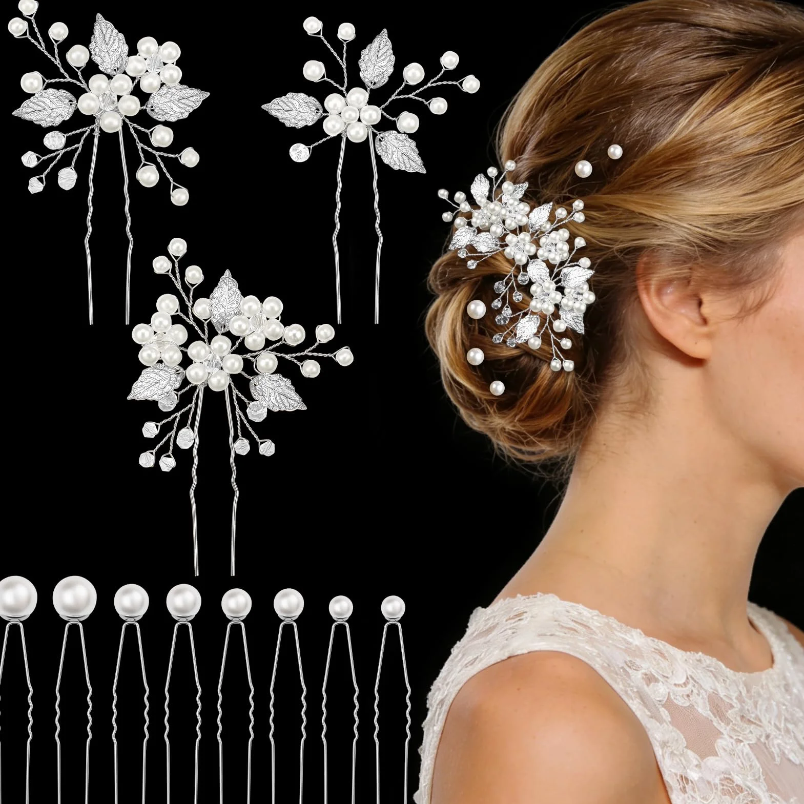 Kiiwah 11 Pezzi Forcine Capelli Sposa, Accessori Capelli Sposa con Perle Eleganti per Donne Ragazze Festa (Argento)