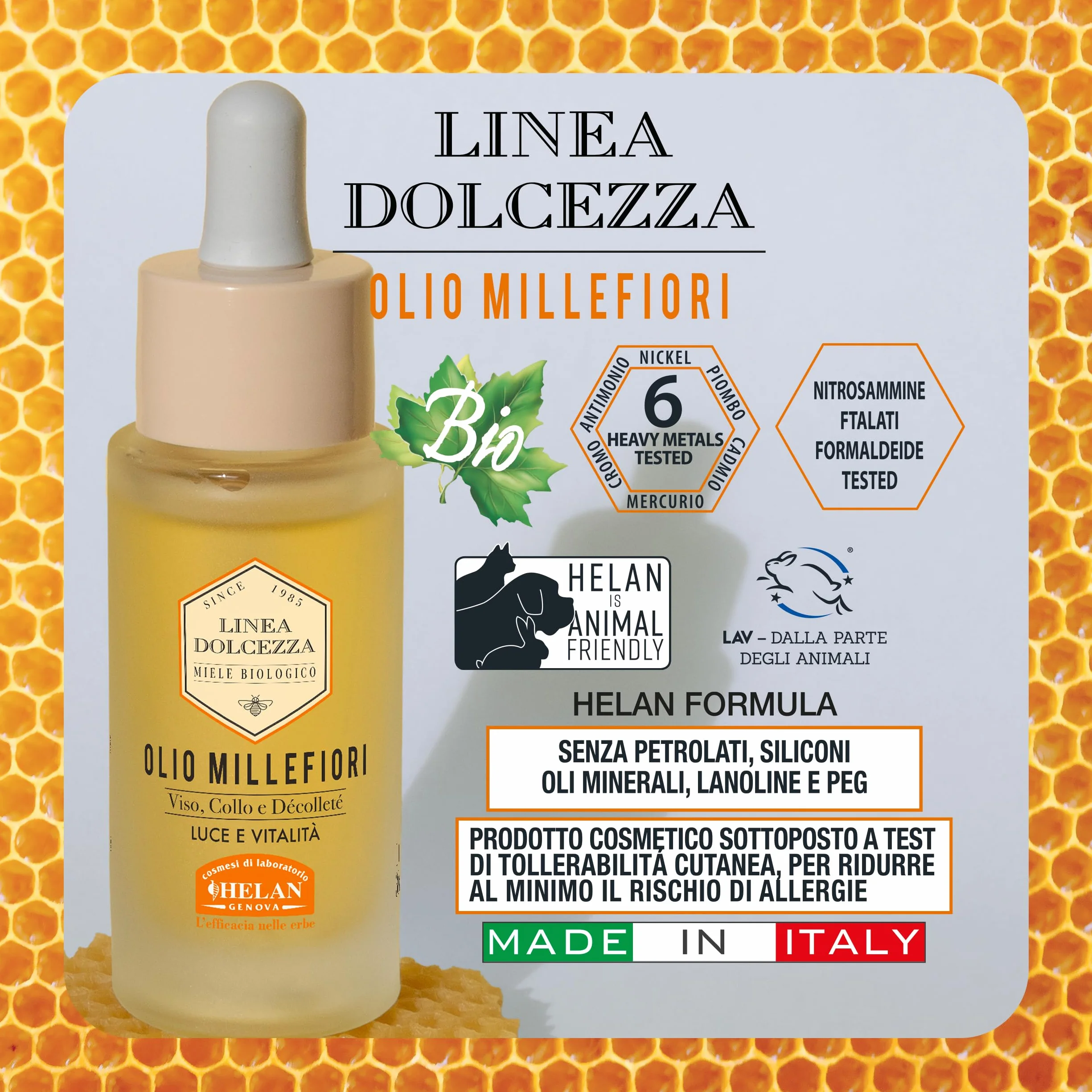 Helan Linea Dolcezza - Olio Viso, Collo e Décolleté Millefiori, Idratante e Antirughe, con Cera d’Api e Propolis, Olio Secco a Rapido Assorbimento - Prodotti Skincare Viso, Made in Italy, 30 ml