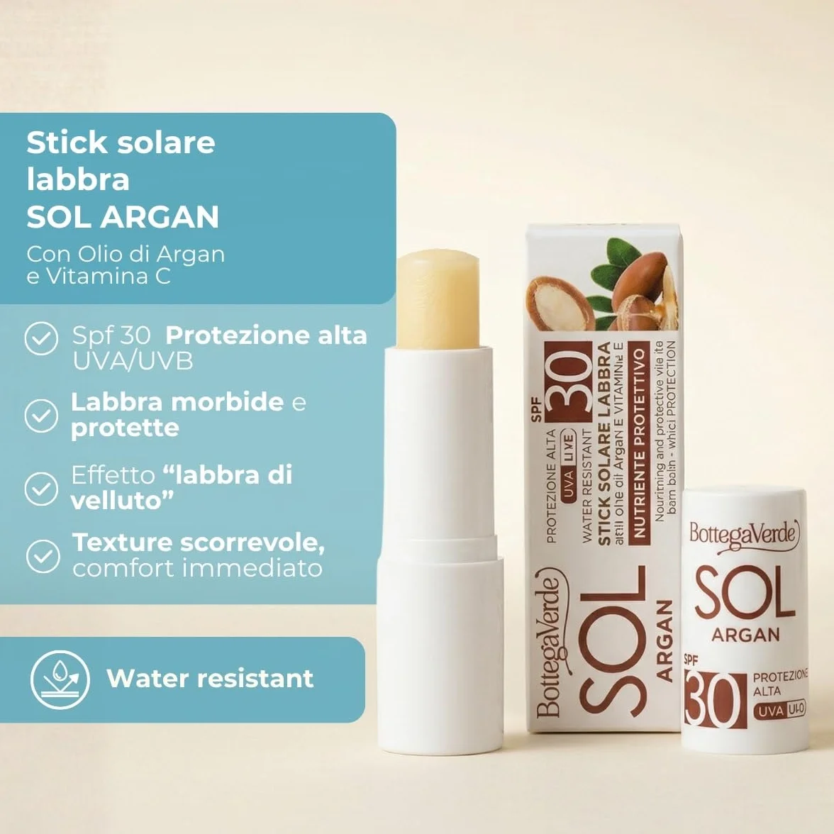 Bottega Verde - Sol Argan, Stick Labbra Solare, 5,5 ml, SPF 30, Arricchito con Olio di Argan e Vitamina C, Nutre e Protegge, con Filtri Solari, Senza Siliconi, Profumo Delicato, Resistente all'Acqua