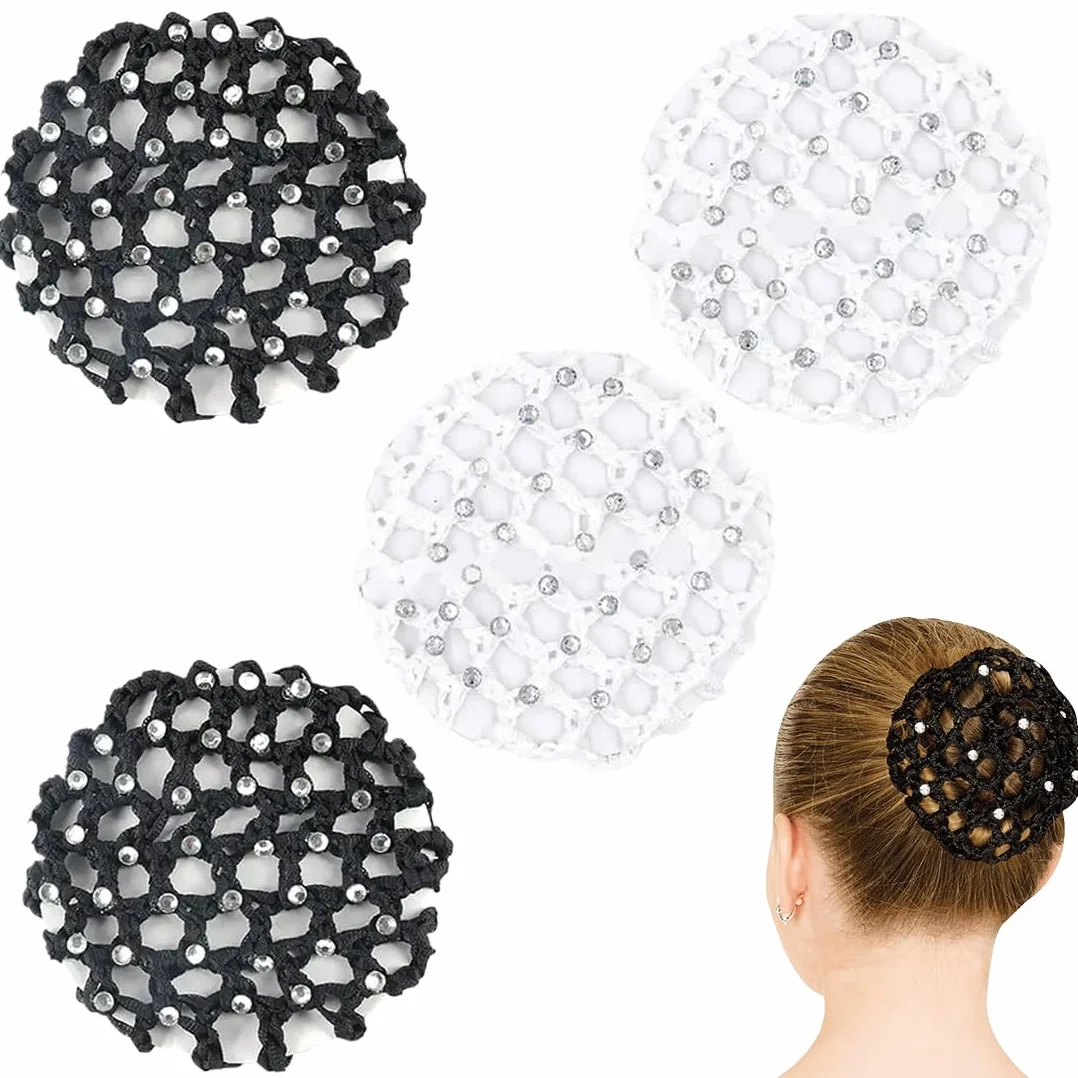4 pezzi Chignon Retina per Capelli Chignon Bambina con Perline Retine per Capelli,Reti per Capelli Danza,Reti per Capelli Stretch Per Infermiera Assistente di Volo Balletto(nero, bianco)