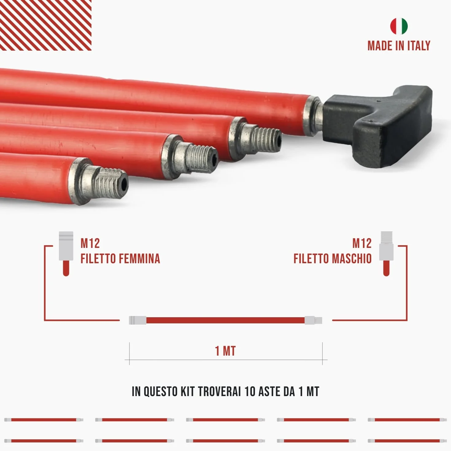 BARETTO Kit Pulizia Camino Canna Fumaria Ø 200 mm Acciaio Aste 10 m Curvatura 45° Rimozione Incrostazioni