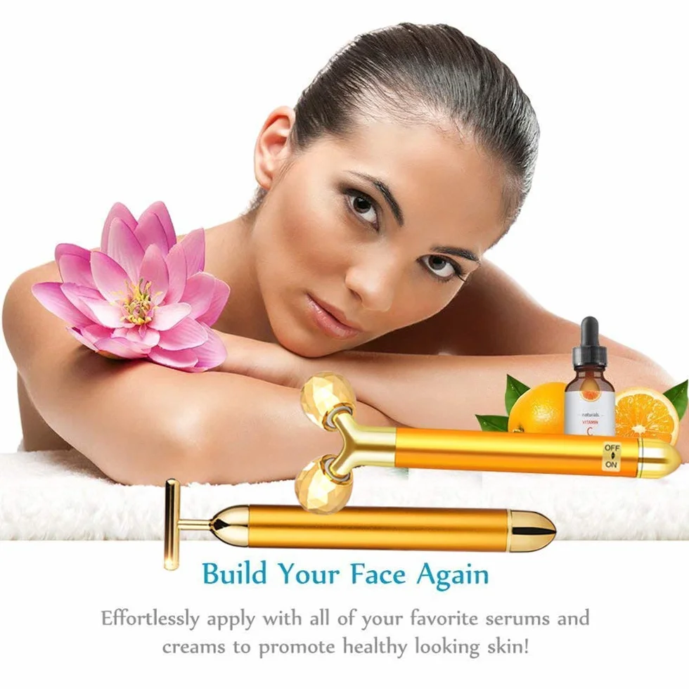 2-IN-1 Beauty Bar 24k Golden massaggiatore viso, rullo 3D elettrico e kit di massaggio viso a forma di T, Massaggiatore per la testa, naso, guancia, collo, braccio, occhi