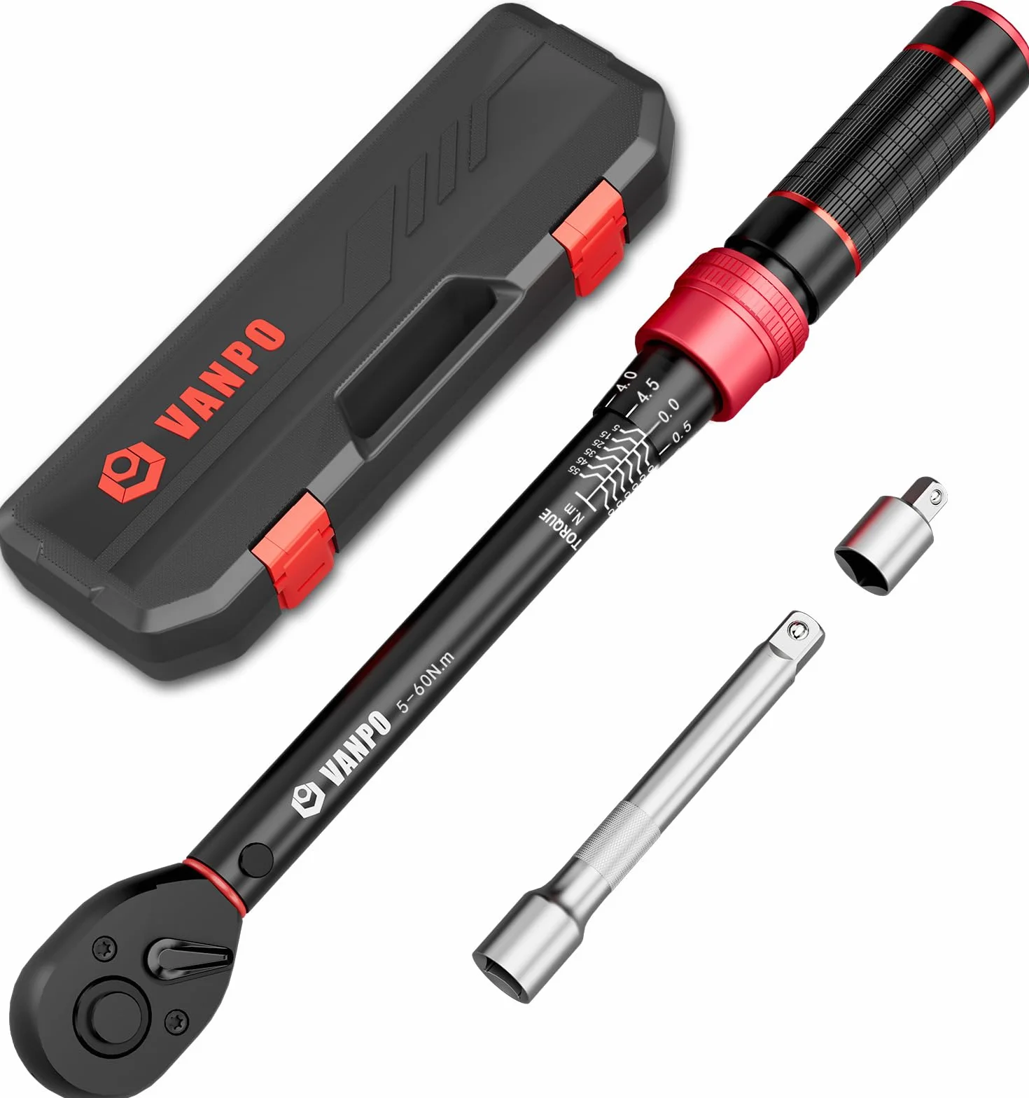 VANPO Chiave Dinamometrica 5-60Nm 3/8" 72 Denti Set 3 Pezzi con Barra Prolunga 125mm e Adattatore