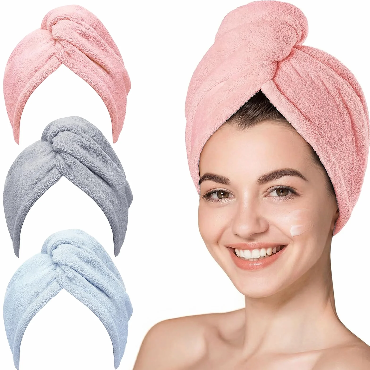 KU 3 Pezzi Asciugamano Microfibra, Turbante Asciugacapelli, Super Assorbente ad Asciugatura Rapida, Cura dei Capelli，Ideale per Donne&Bambini Capelli Lunghi, Corti, Ricci (Grigio Rosa Blu)