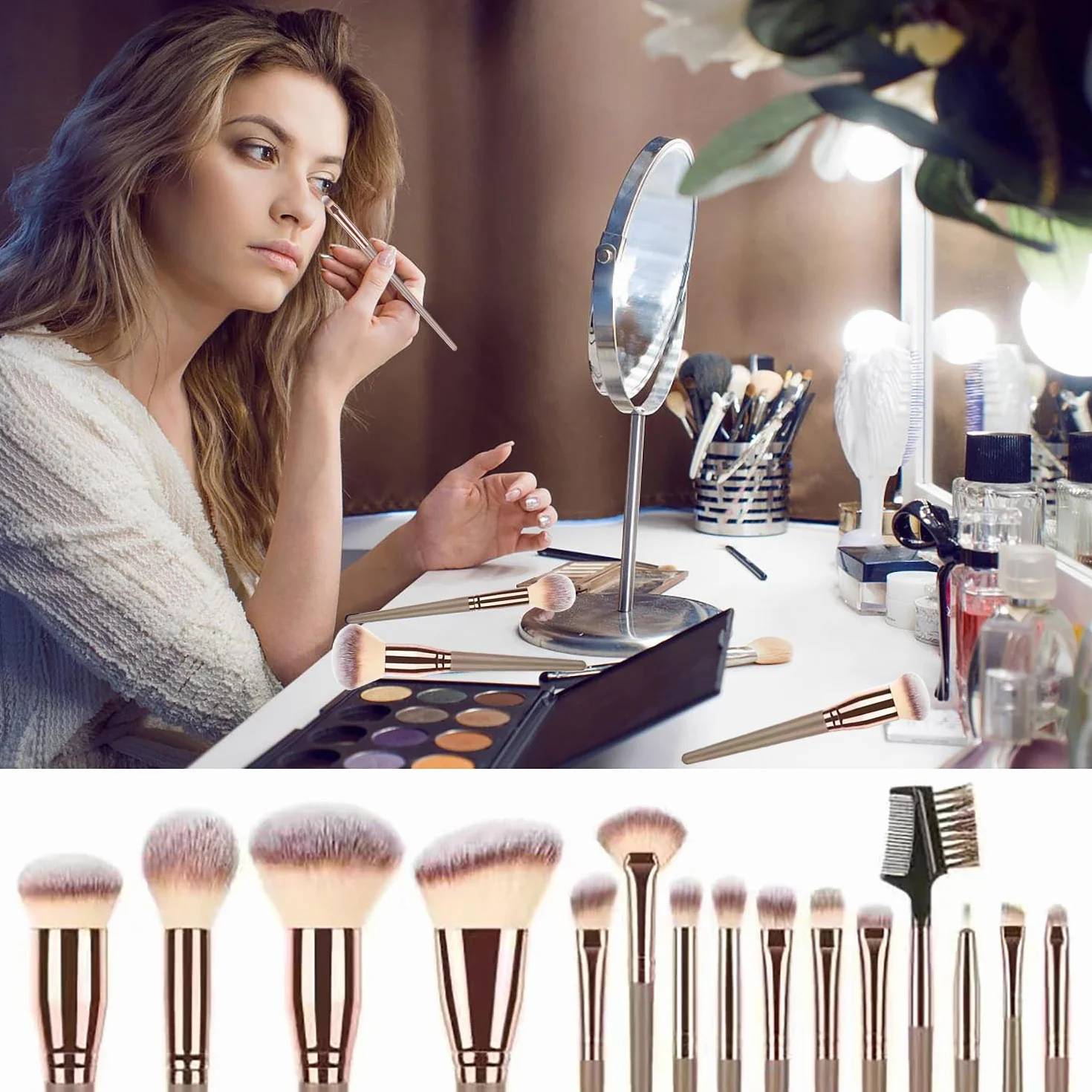 15 Pezzi Set Pennelli Make up, Pennelli Trucco Professionale con Trousse in Pelle PU, Adatti per il Fondotinta Misto, Correttore, Blush, Ombretto, Contouring