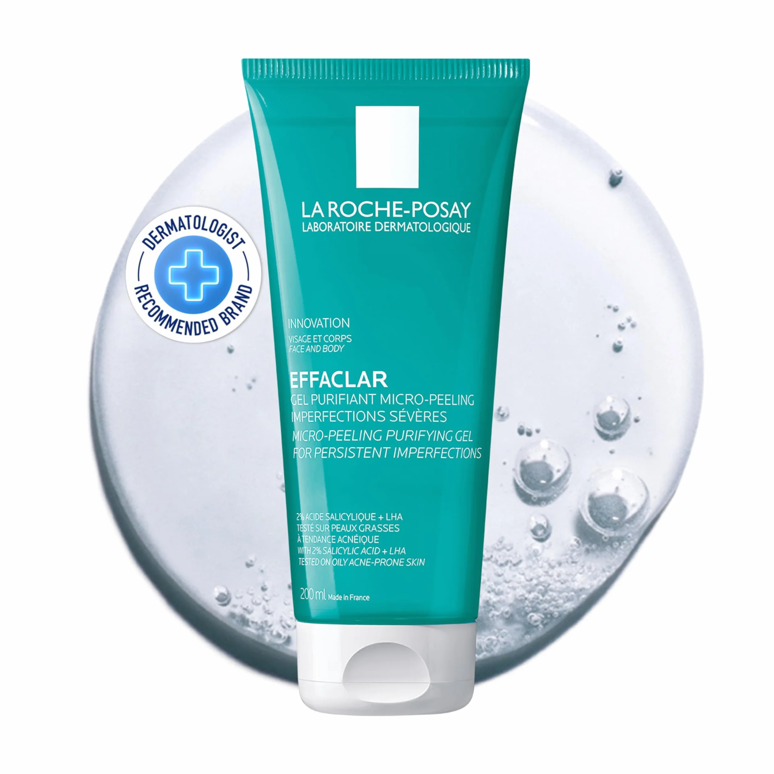 La Roche Posay Effaclar, Gel Purificante Micro-Peeling, Per Pelli Grasse a Tendenza Acneica, Azione Detergente, Pelle Levigata, Rimuove Sebo e Impurità, Con Acido Salicilico, LHA e Zinco, 200 ml